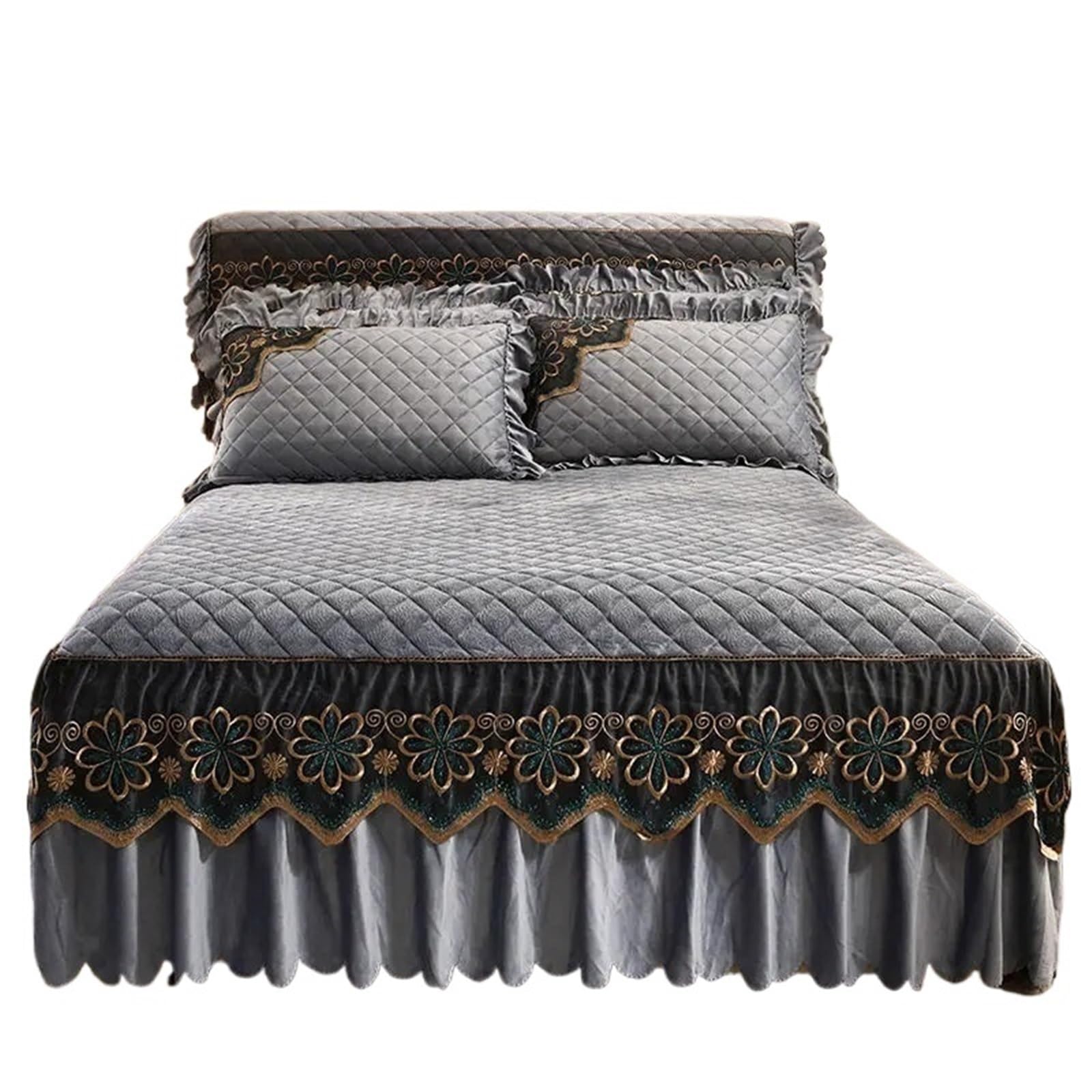 Quilted Bed Skirt Winter Warm Thicken Velvet Bedspread King Good Hand Feeling Not Included Pillowcase(Grey,1pc Skirt 180x200cm)