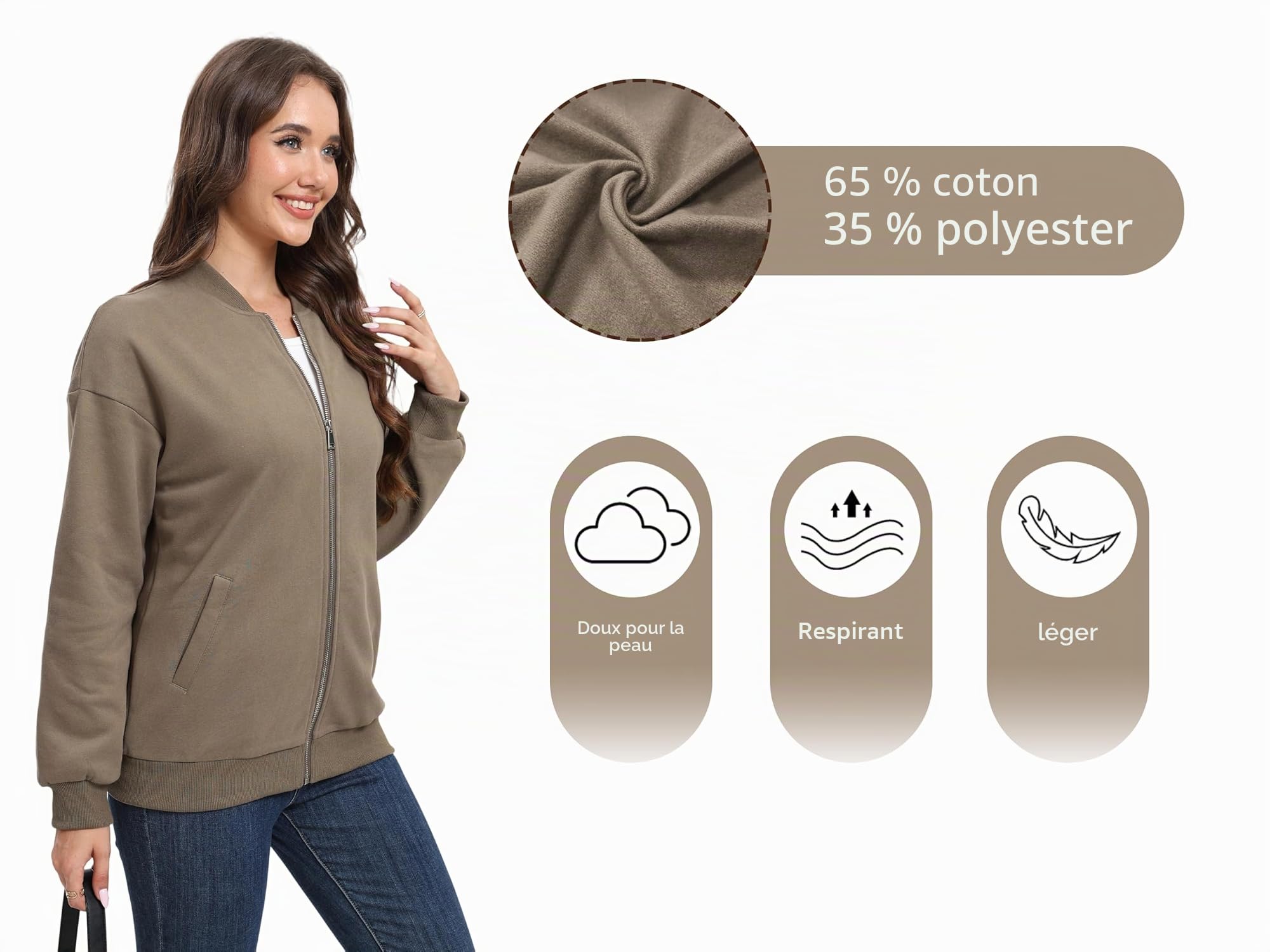Timuspo Sweat zippé pour femme - Veste de survêtement décontractée - Veste demi-saison - Printemps - Automne - Blouson avec col universitaire - Vêtement d'extérieur - Veste bomber unie