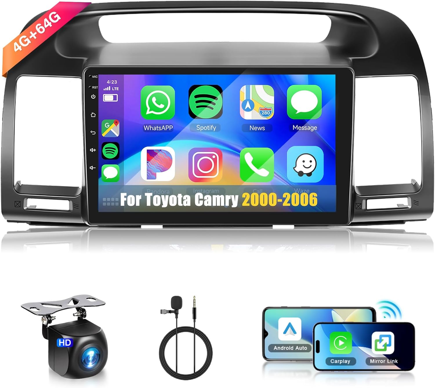 【4G+64G】 for Toyota Camry 2000-2006 Android Car Radio Stereo with Wireless CarPlay Android Auto,9 inch IPS Touchscreen Car Stereo Bluetooth5.0, GPS, WiFi, SWC,59UI,32EQ AI DSP + HD Backup Camera