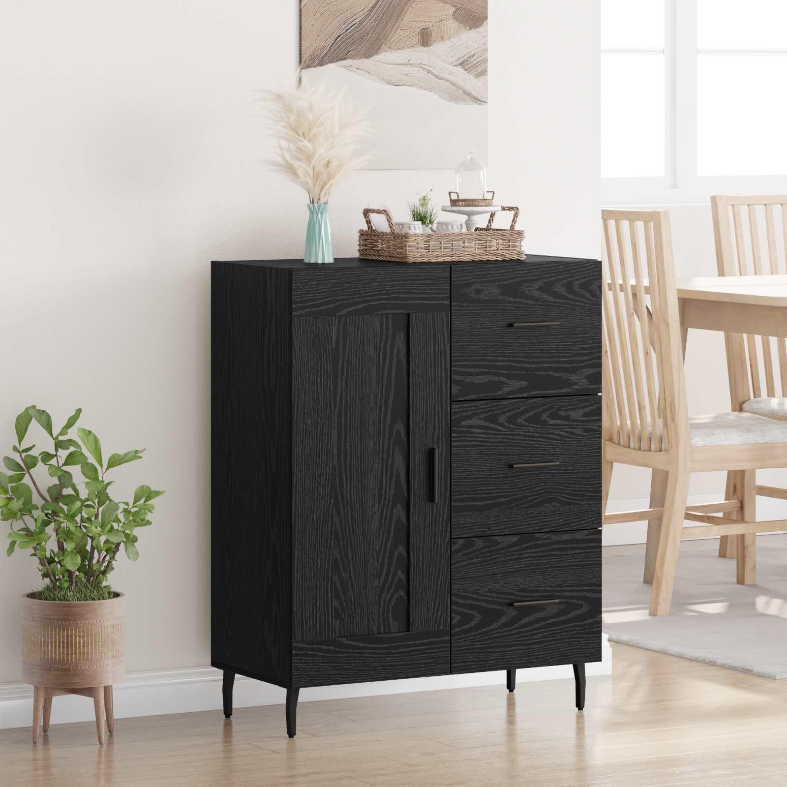 Credenza con cassetti e anta, effetto rovere, 69,5 x 34 x 90 cm, molto spazio per soggiorno, sala da pranzo, cucina, corridoio, decorazione e conservazione