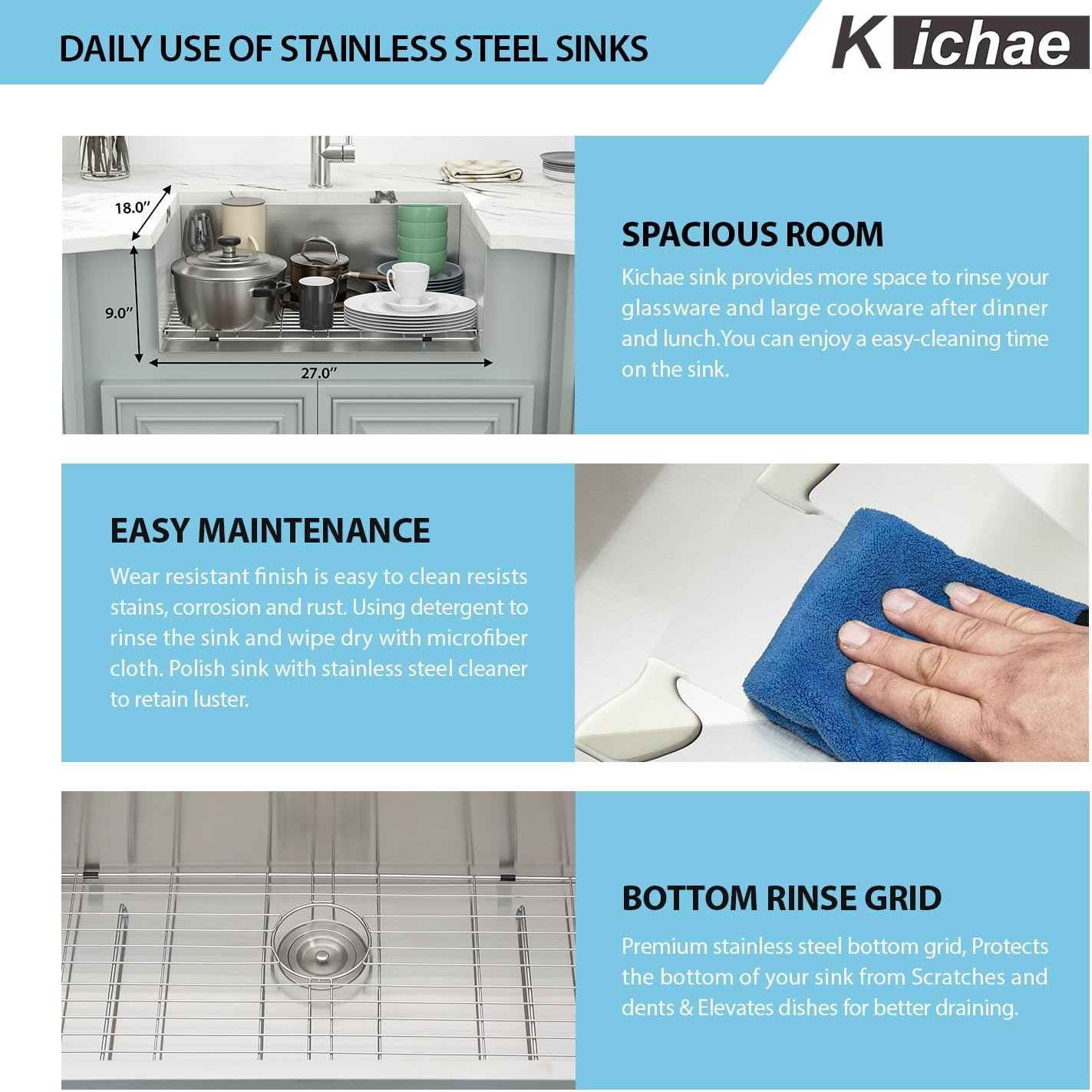 Kichae Kitchen Sink Undermount - 28 Inch Undermount Sink Single Bowl 16 Gauge Stainless Steel Kitchen Sinks Round Corner Basin