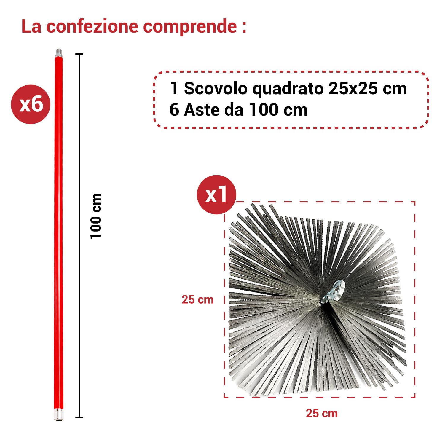 Crisalide Escobilla para chimeneas y estufas de acero inoxidable – 20/25/30 cm – Kit con 6, 12 o 18 barras de 100 cm – Cepillo deshollinador con conexión de tornillo universal flexible (25 x 25 cm, 6