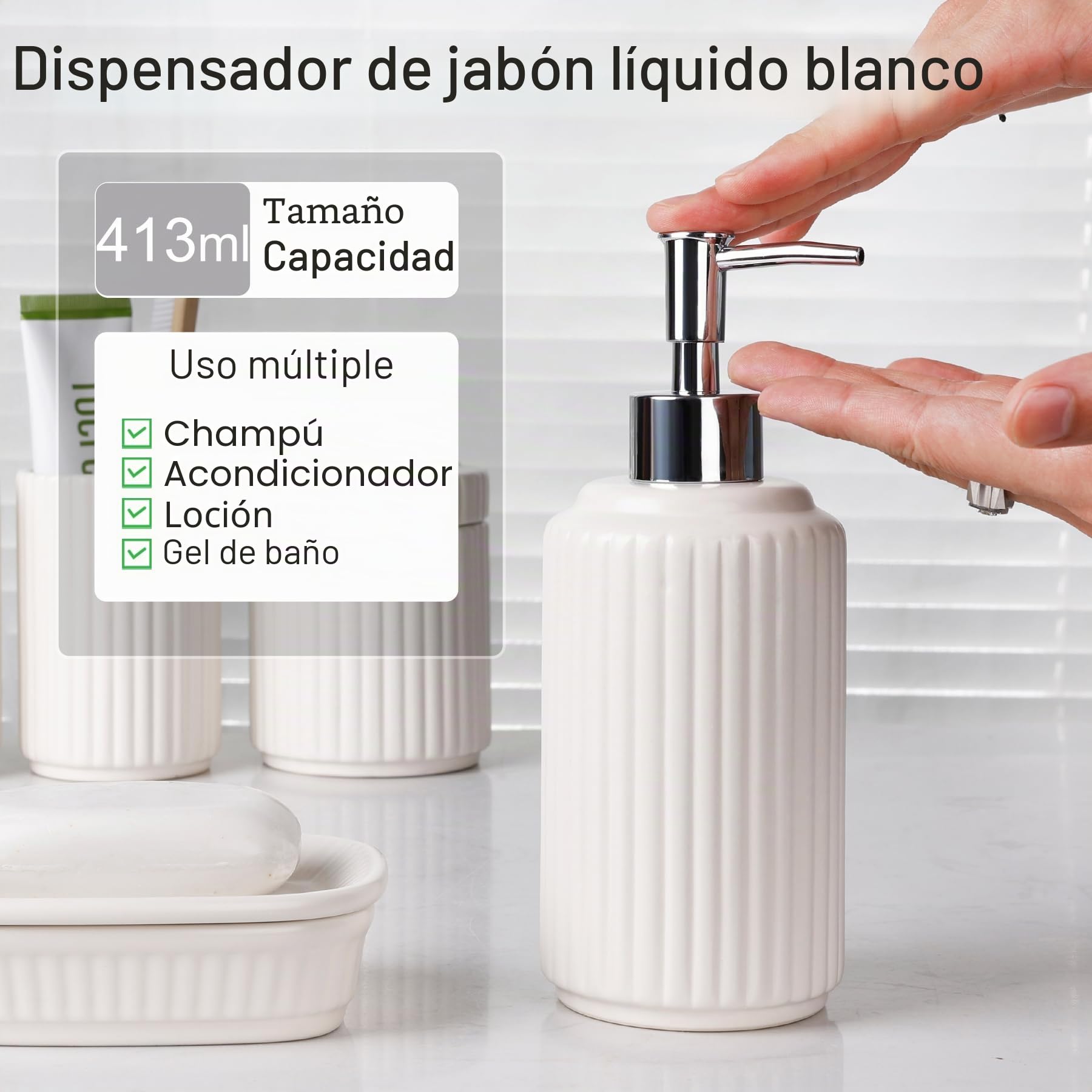 NOVAJOY Juego de baño, organizador de baño de cerámica de 5 piezas con dispensador de jabón, jabonera, soporte para cepillo de dientes, recipiente de bastoncillos de algodón, beige y blanco