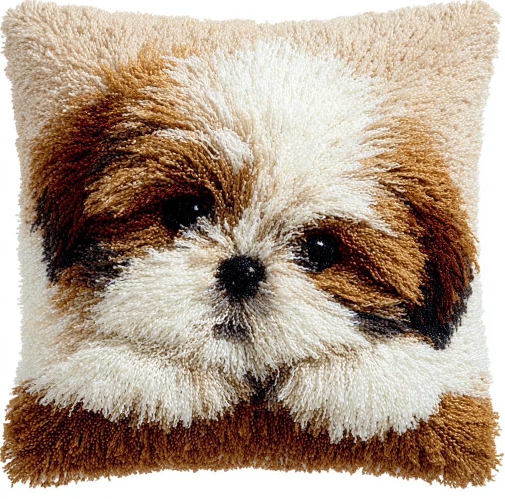 kitphoenix DIY Latch Hook Kits, White Brown Shih Tzu Puppy 3D Pillow Materials Package Latch Hook Embroidery Kits Cross Stitch Sofa Cushion Cover with Tool Fit for and Adults 17X17Inch
