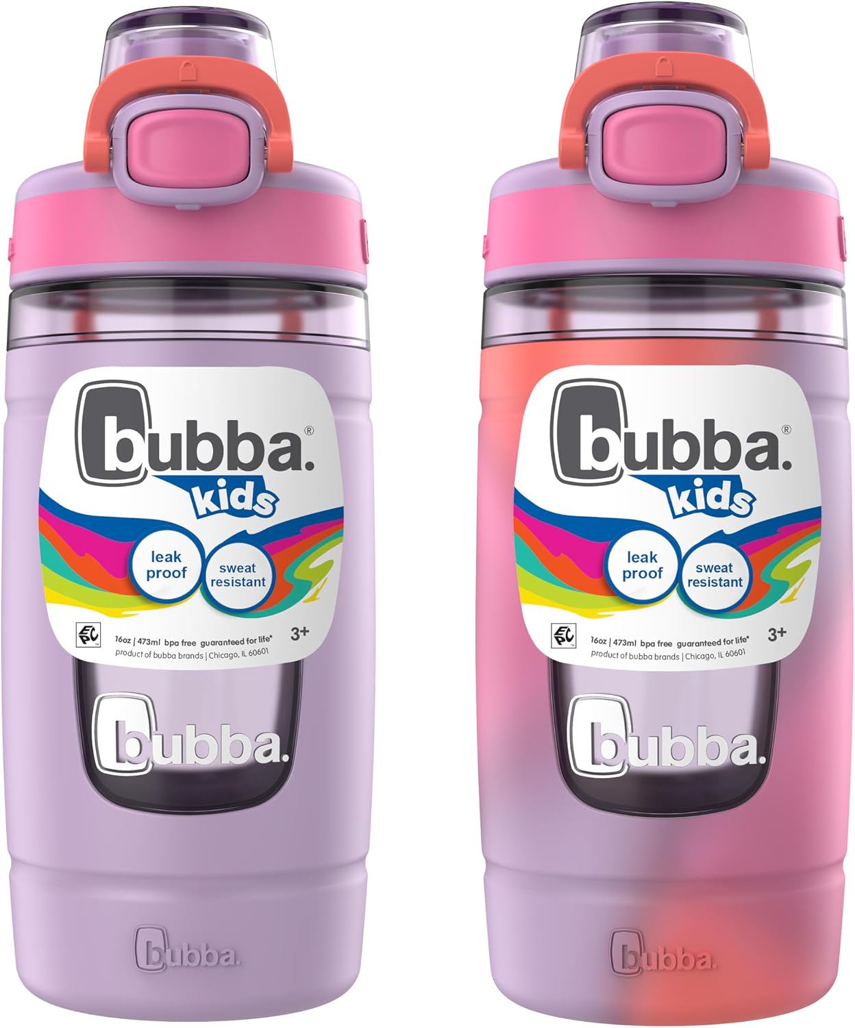 Bubba Kids Flo Silicone Sleeve and Wide Mouth, 16oz, 2-Pack Water Bottle, Medium, Scuba; Grape