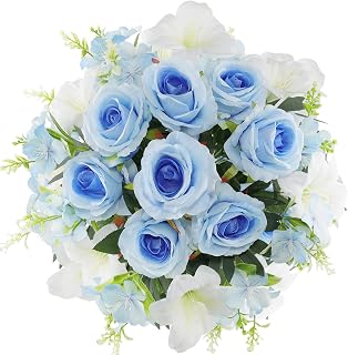 Blue Artificial Cemetery Flowers for Grave -Memorial Flowers for Cemetery-2 Bunches Lilies & Rose Mixed Flowers-Outdoor Headstones Gravesite Graveyard Decorations
