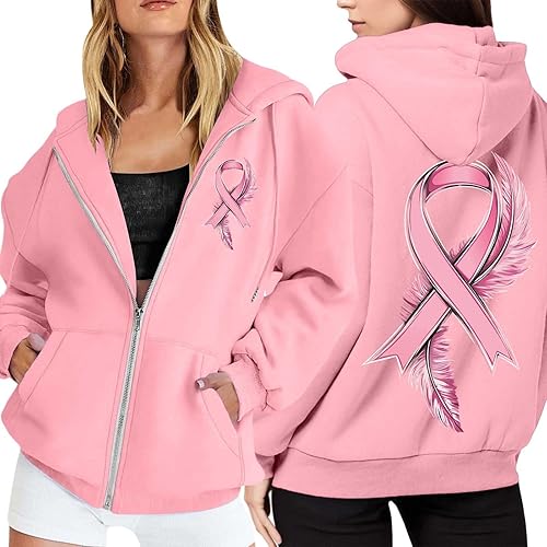Hoodies For Women Zip Up Plus Size Breast Cancer Awareness