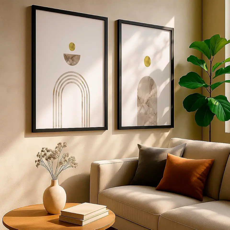 Kit 2 Quadros Decorativos Abstrato Geométrico Dourado Mármore Bege Minimalista Moderno Com Moldura