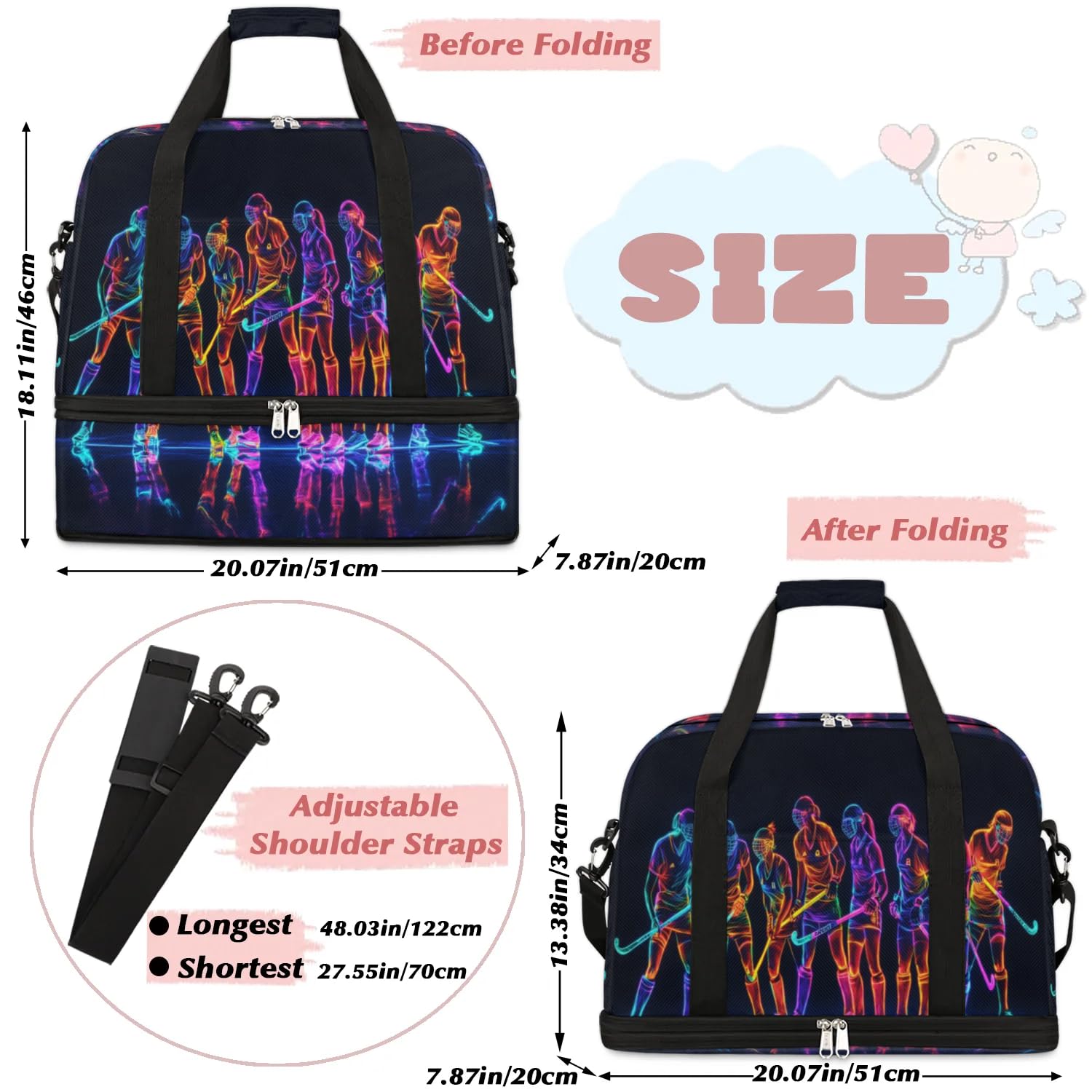 Sac de voyage pliable pour homme et femme - Motif joueur de hockey - 47 l - Pour le sport, la gym, le yoga, couleur, 47 L, Organiseur de sac