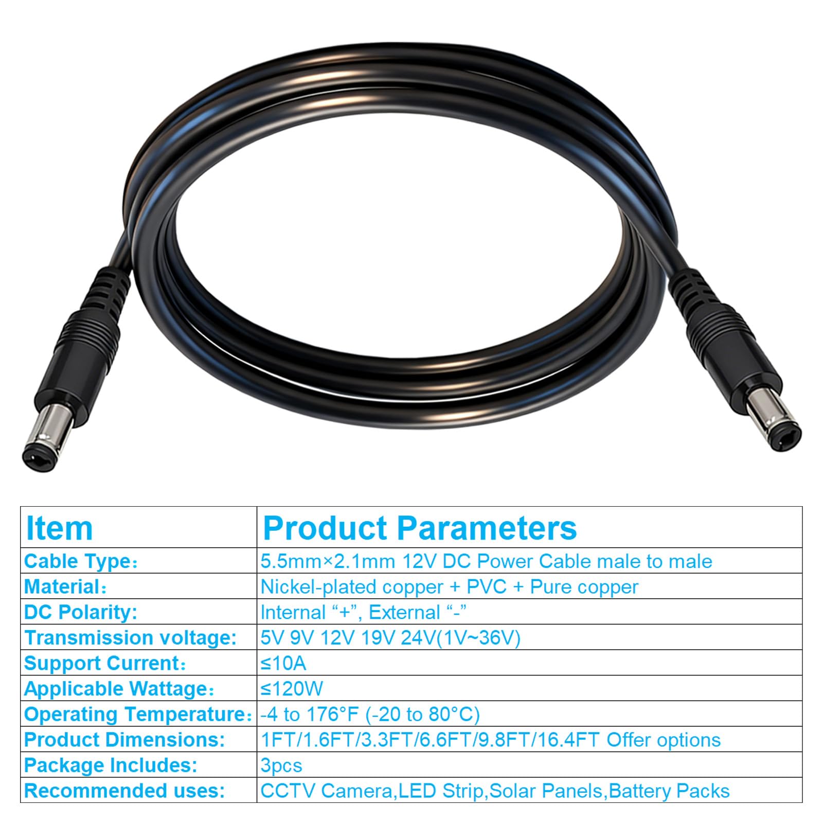 Kabel zasilający DC 5,5 mm x 2,1 mm, 18 AWG męski na męski, 1-36 V, prąd 10 A, odpowiedni do kamer monitorujących, routerów, taśm świetlnych LED, 1 m