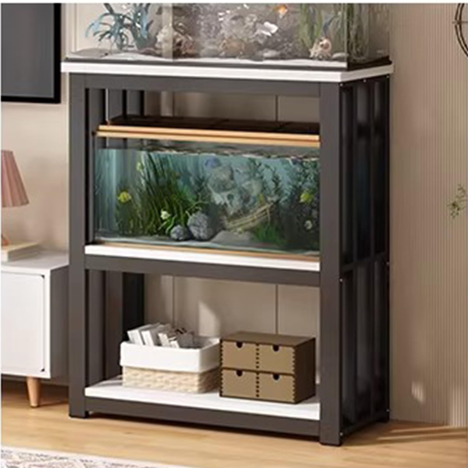 Étagère à aquarium gain de place pour superposer trois bacs