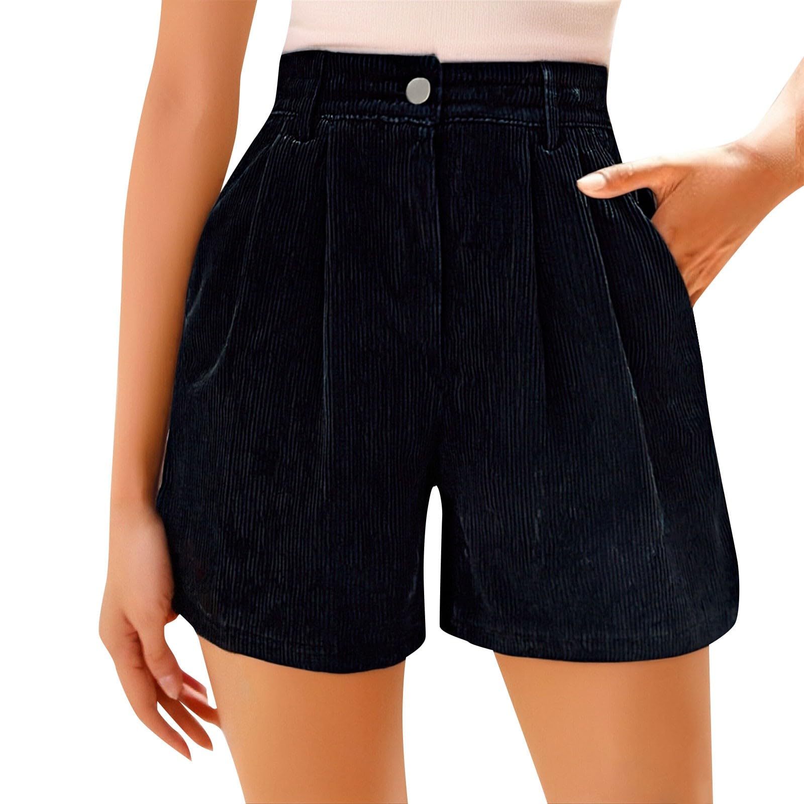 Mode Femmes Velours Côtelé Deux Poches Court Taille Haute Short Droit Pantalon Décontracté