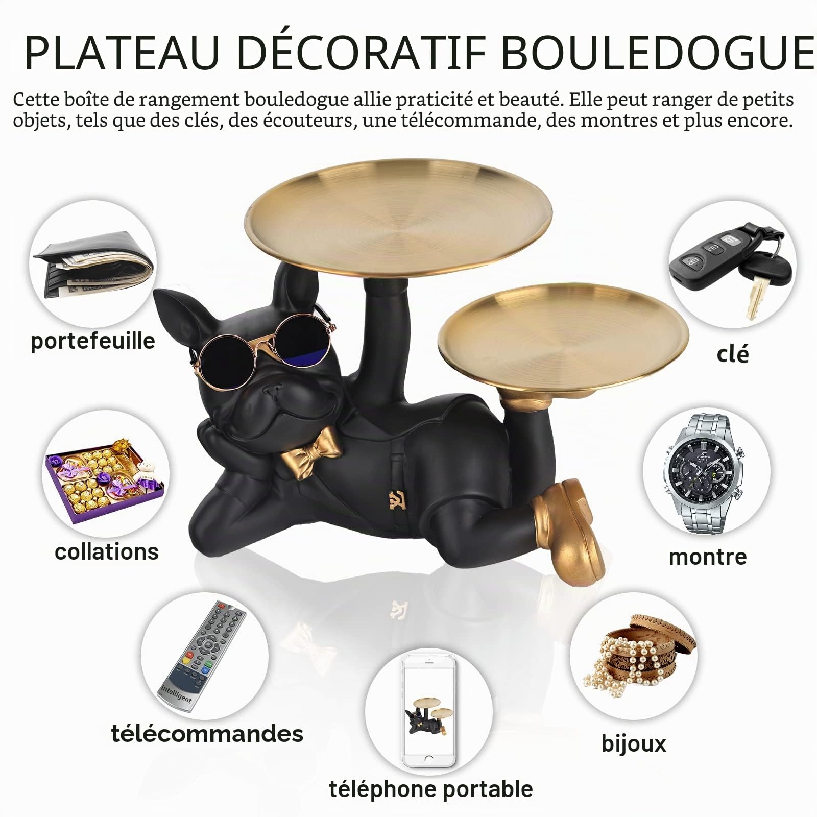 Statue de Bouledogue Français Noir avec Plateau, Sculpture de Chien Majordome pour Décoration Intérieure, Salon, Table de Salle à Manger (Noir)
