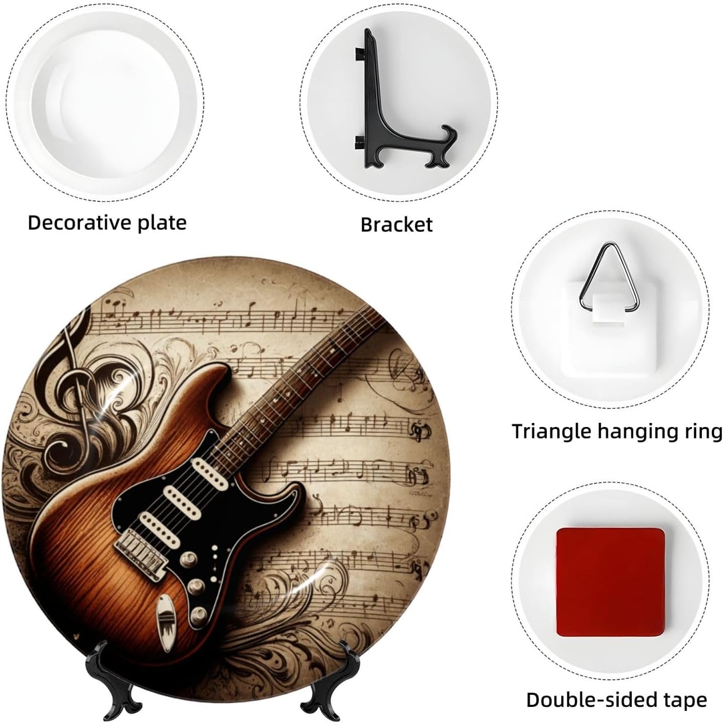 Retro-Musical-Guitar 10 Inch Decorative Plate With Stand, Elegant Display Wall Plate For Home Decor