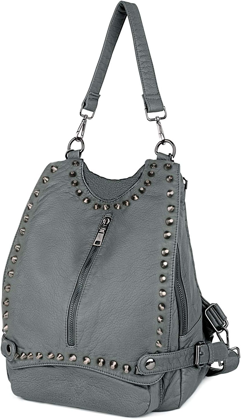 UTO Women Backpack Purse PU Washed Leather Rivet Studded Convertible Ladies Rucksack Shoulder Bag C Grey