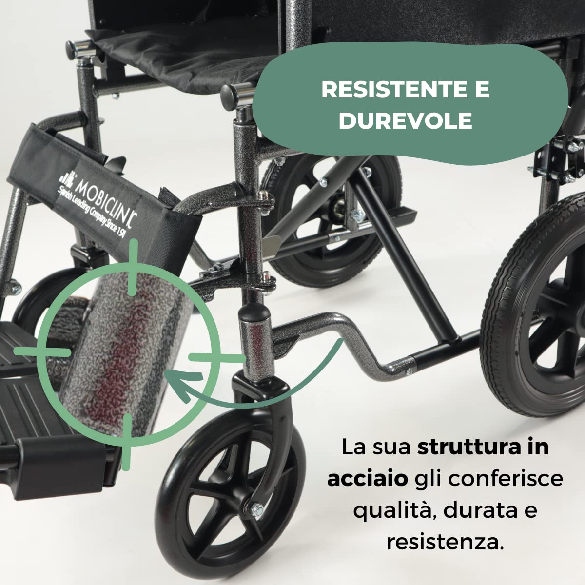 Mobiclinic®, Sedia a rotelle, S230, Pieghevole e leggera, Seduta 43 cm, Pedane pieghevoli rimovibili, Braccioli imbottiti, Ruote piccole, Freno di stazionamento pedale