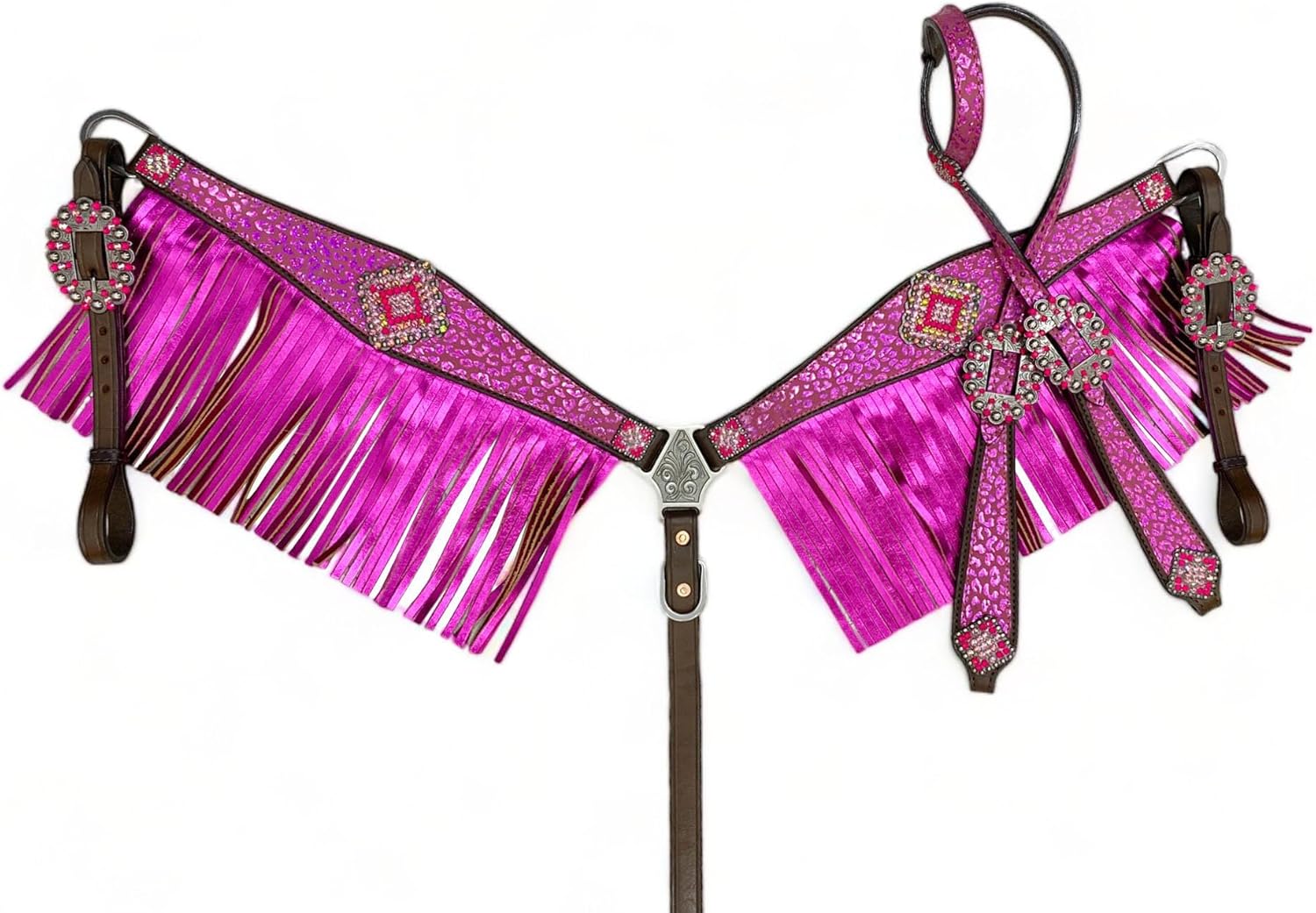 Pink Leopard Print Western Horse One Ear Headstall and Breast Collar Set Argentina Cow Leather with Red Stones and Fringe