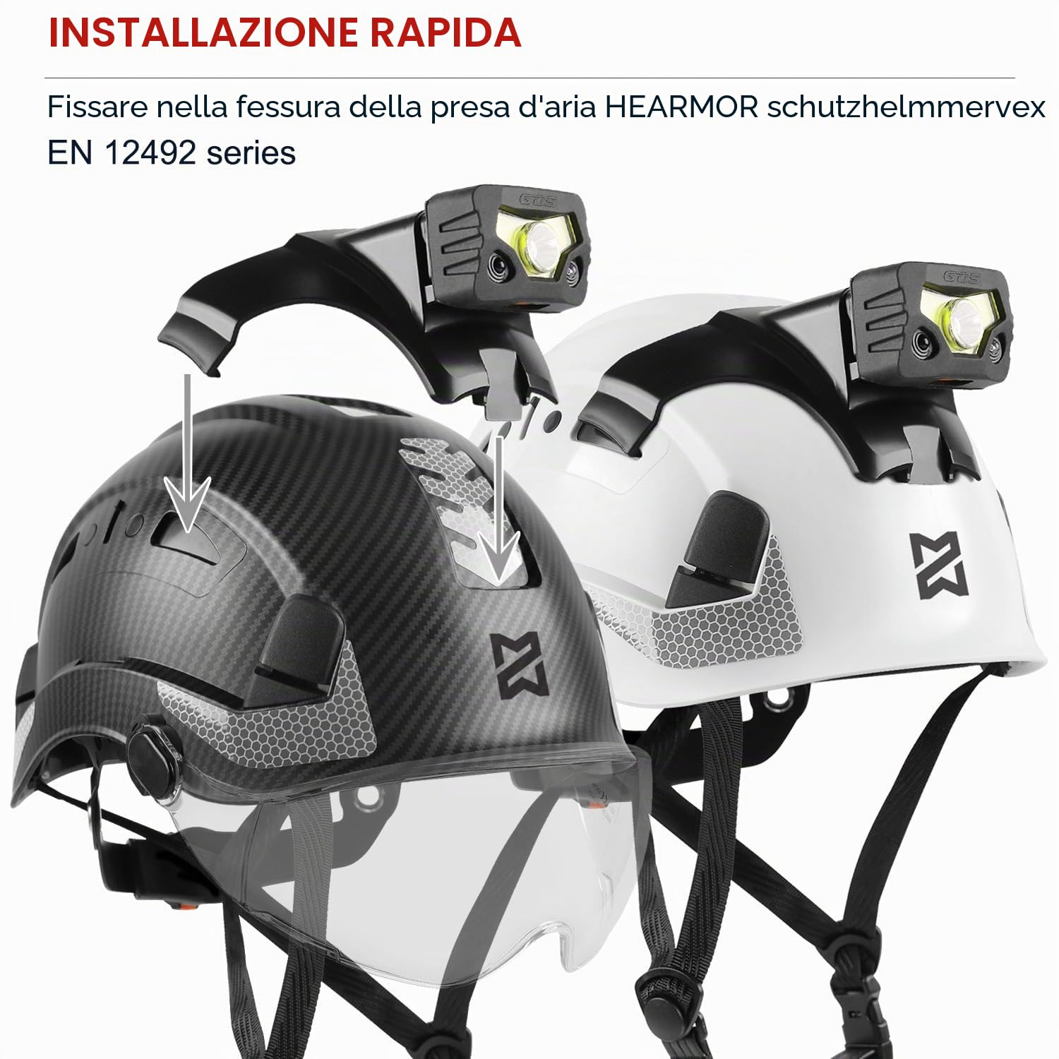 HEARMOR Casco industriale per adulti con faro a LED, con certificazione EN12492, certificazione EN12492, assorbimento degli urti e resistenza alla penetrazione EN397
