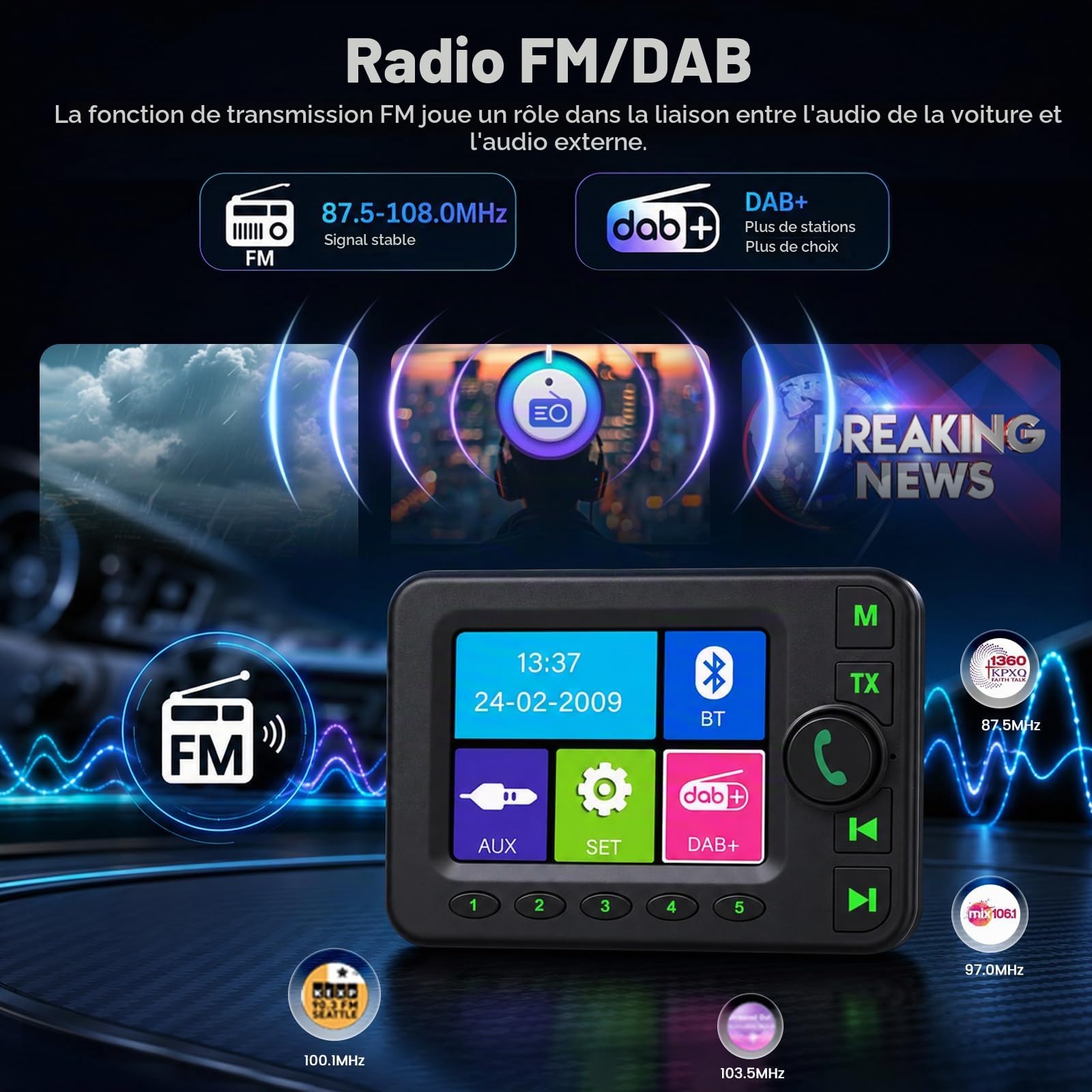 Adaptateur Radio Numérique Dab Dab+ avec 10 Touches de Fonctions Rapides pour autoradio - Écran LCD 2,8 Pouces avec Bluetooth Musique - Lecteur de Musique Dab Adaptateur récepteur Aux Entrée/Sortie