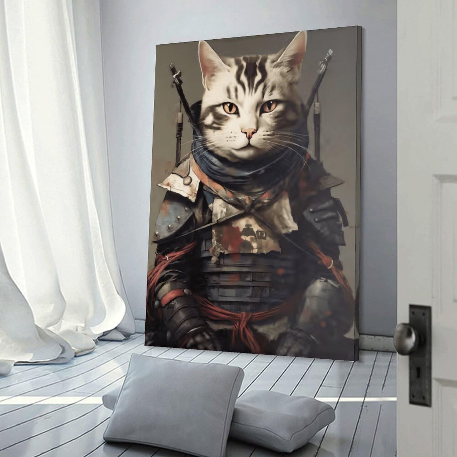 Junmoney Samurai Cat Armor Wall Art Print, 20x30inch(50x75cm), for Office, Study Or Home Workspace, Decorative Artwork for Productive Spaces