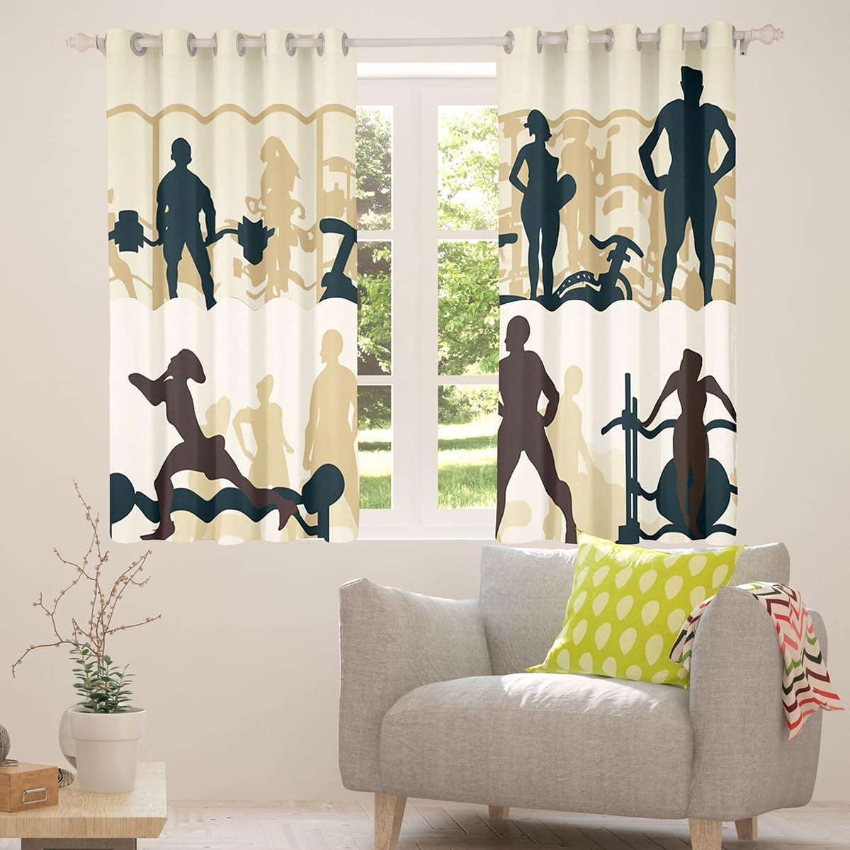 Erosebridal Boys Fitness Theme Curtains Abstract Fitness Equipment Sports Window Treatment,Gym Room Exercise Tool Window Curtains Treadmill Barbell Dumbbell Draperies Sport Theme Decor 76"X45"