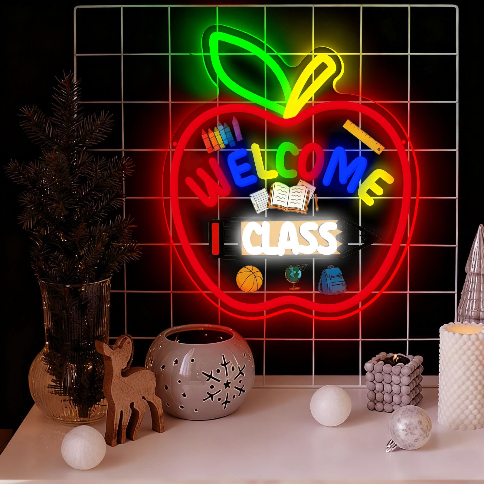 WELCOME CLASS Neon Sign Back To School Season Door Decoration Dimmable Apple Shaped Neon Light Suitable for School Classroom Porch Front Door Decoration Teacher Gift Wall Slogans Birthday Gift