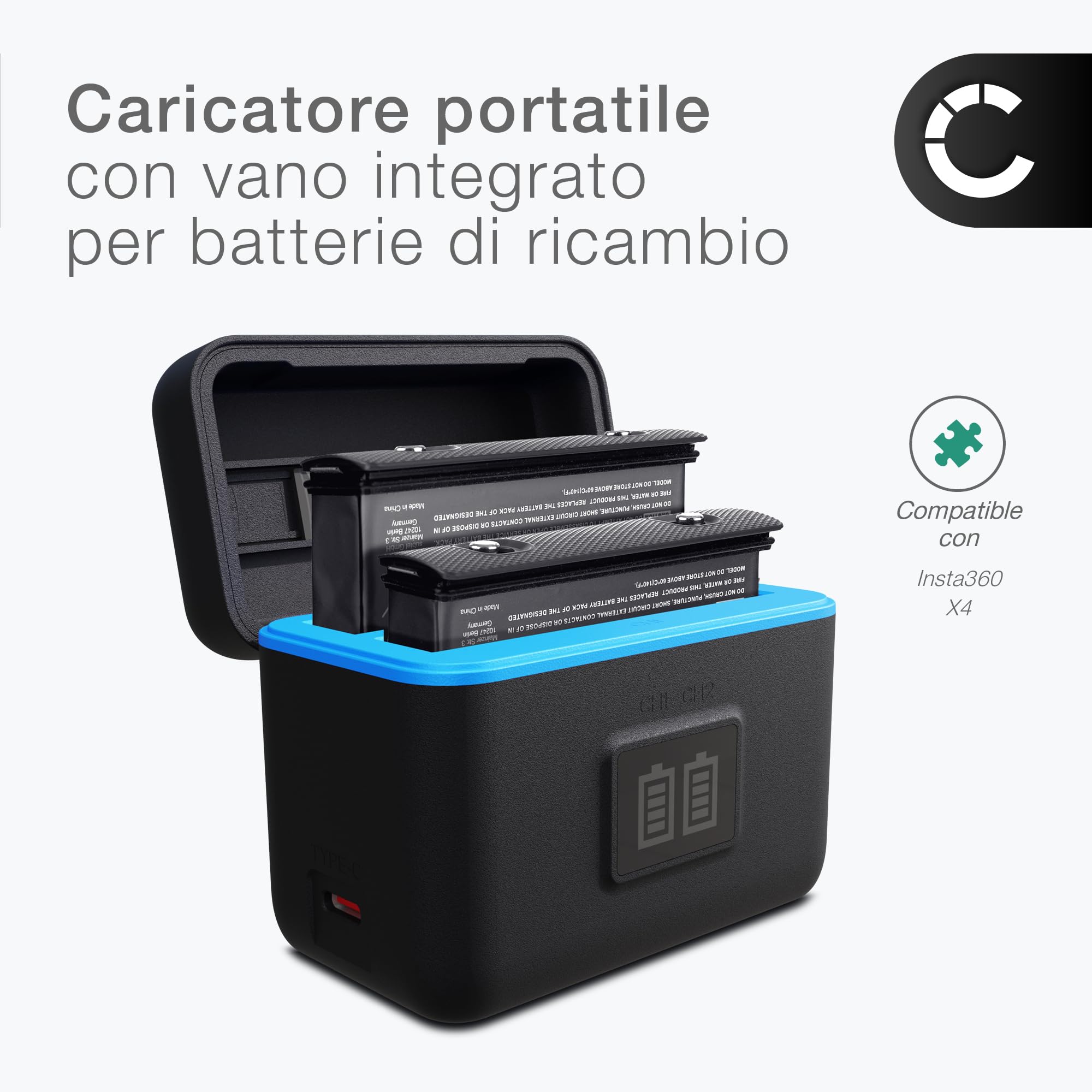 CELLONIC Custodia di ricarica USB a 2 slot compatibile con Insta360 X4 – cavo USB da 60 cm incluso