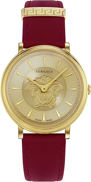 Versace V-Circle Medusa Collection Luxury Womens Watch Timepieces with a Burgundy Strap Featuring a Gold Case and Dial