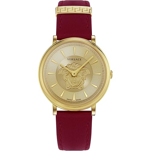 Versace V-Circle Medusa Collection Luxury Womens Watch Timepieces with a Burgundy Strap Featuring a Gold Case and Dial