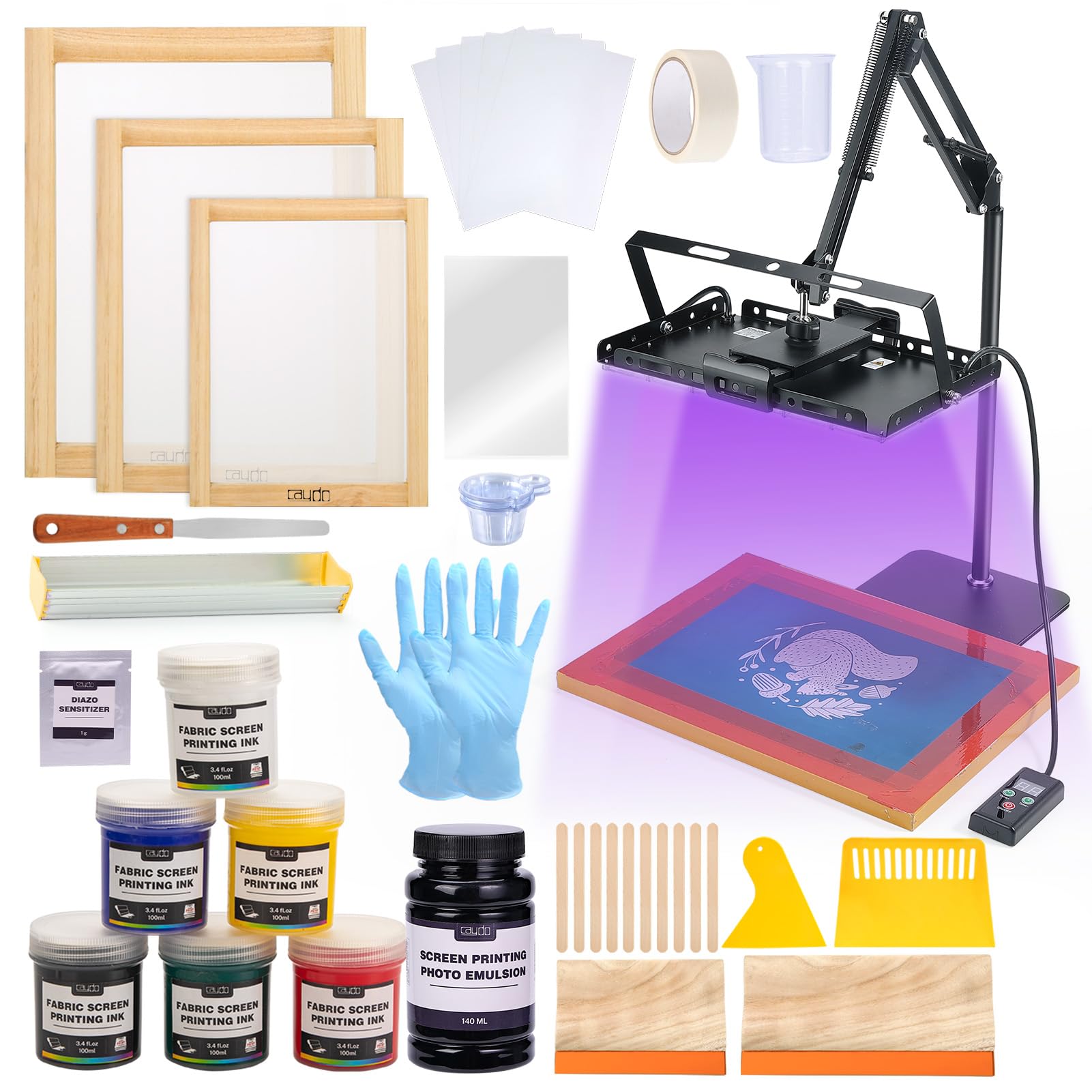 Caydo Kit di stampa serigrafica all-in-one da 54 pezzi con luce LED UV da 100 W, cornici per serigrafia in legno di 3 dimensioni, inchiostro per serigrafia a 6 colori, emulsione fotografica per