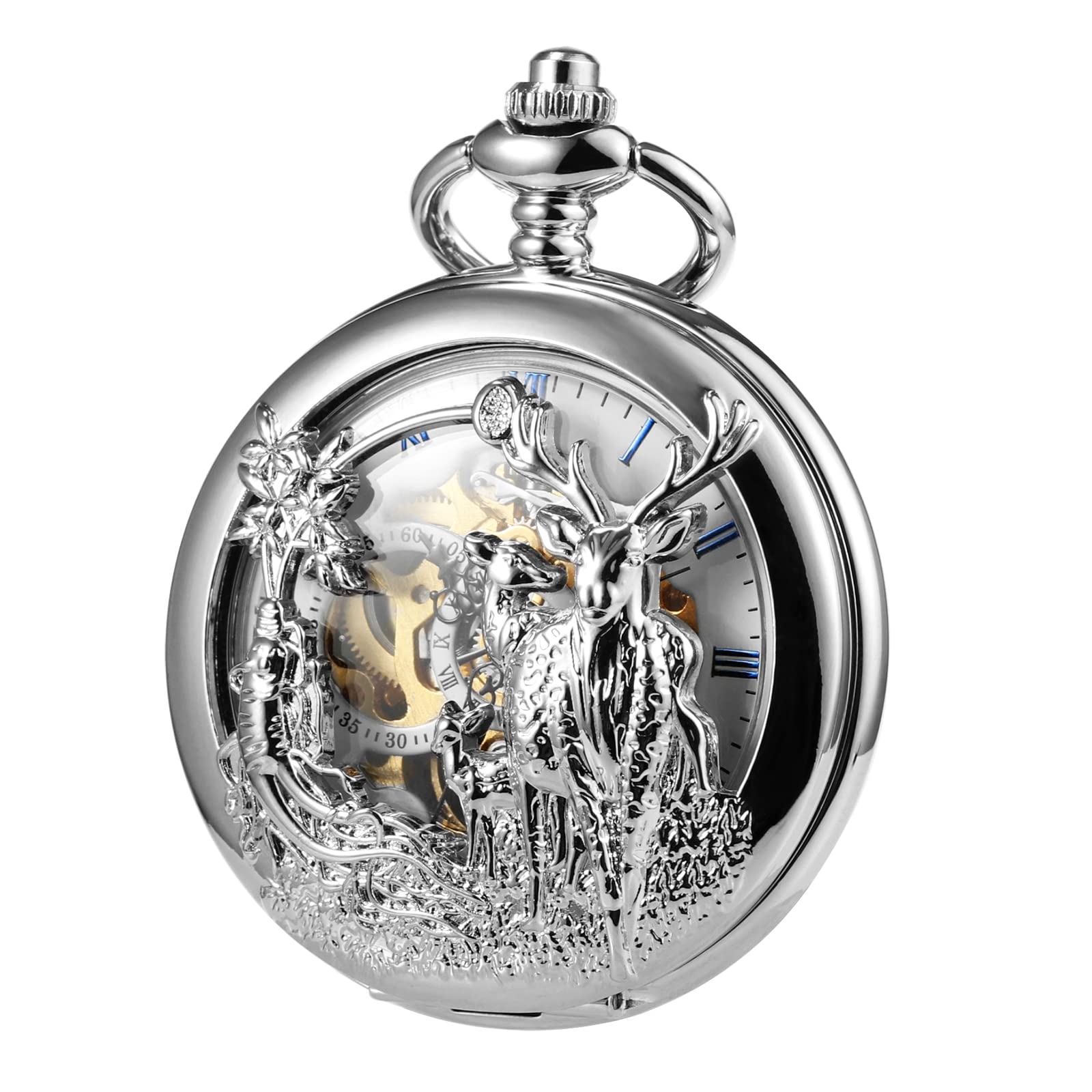 TREEWETO Unisex Taschenuhr Analog Handaufzug Retro Rentier Skelett Römische Taschenuhren mit Kette für Herren