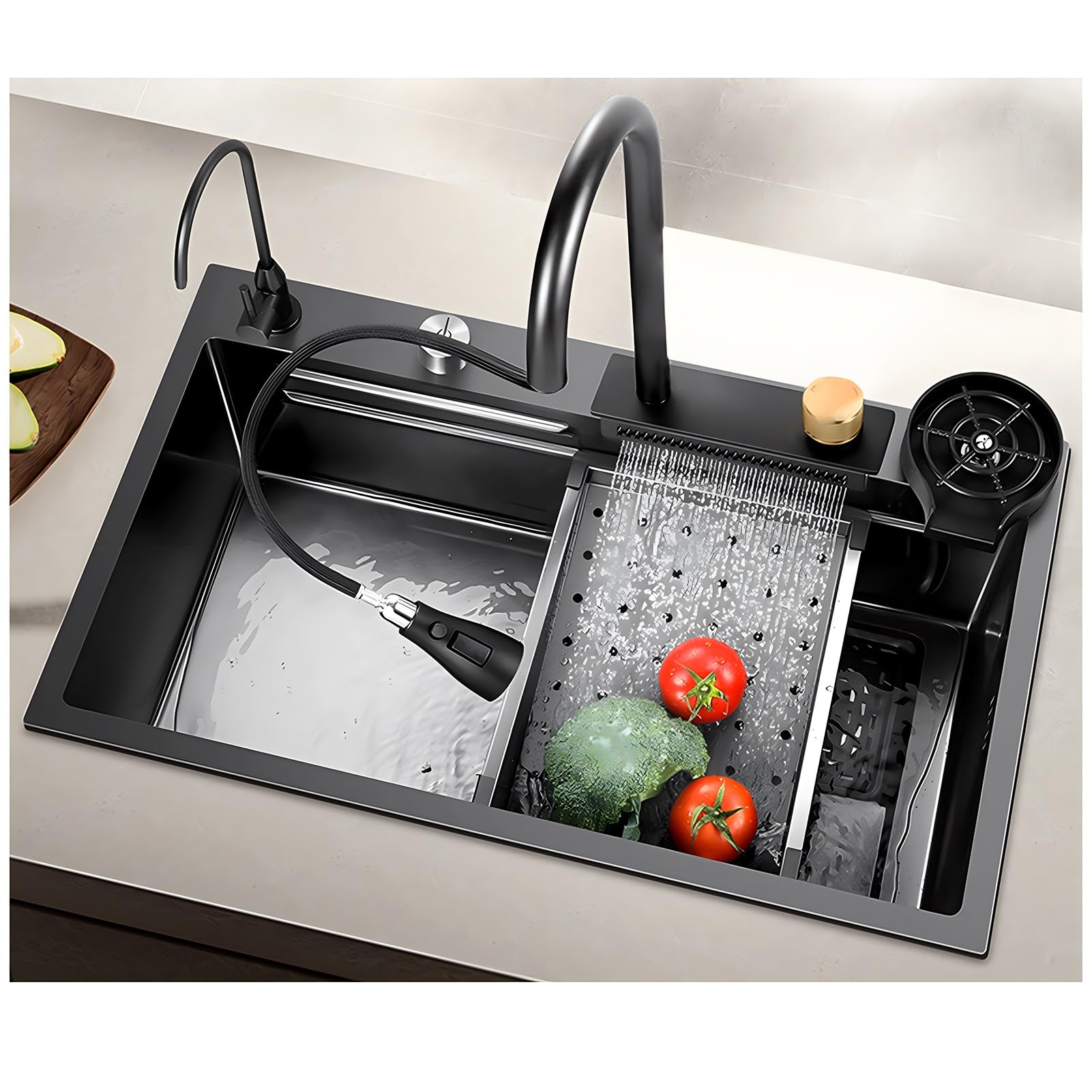 ZQFHSX Large Waterfall Kitchen Sink, Drop in Black Bar Stainless Steel Workstation Multifunction Single Bowl Farmhouse Sink with Faucet Combo, for Top Mount(A,85x50x21cm)