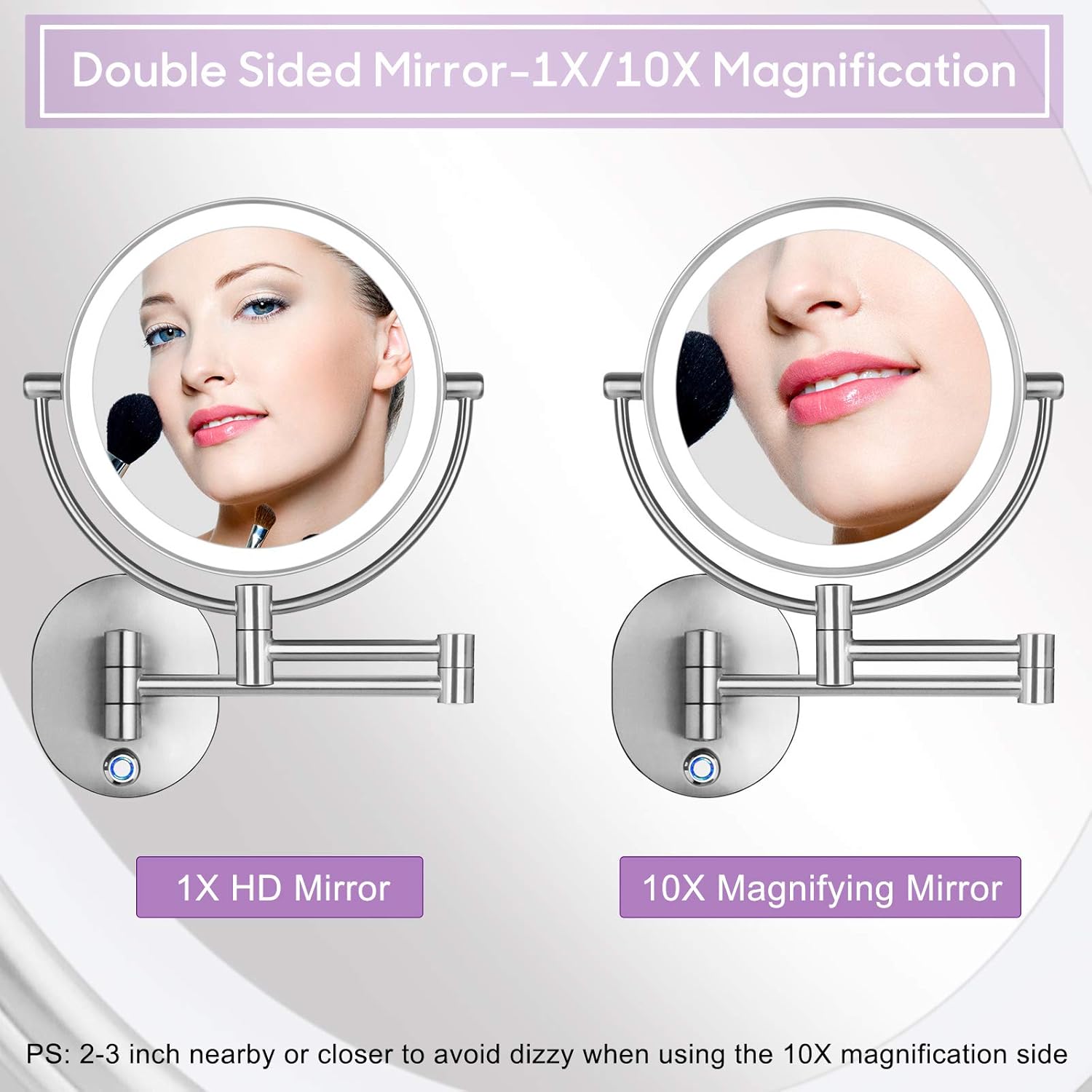 AmnoAmno Vanity Mirror 8.5" LED Double Sided Swivel Wall Mount Makeup Mirror with 10x Magnification,13.7" Extension,Touch Button Adjustable Light,Suitable for Bedroom or Bathroom -