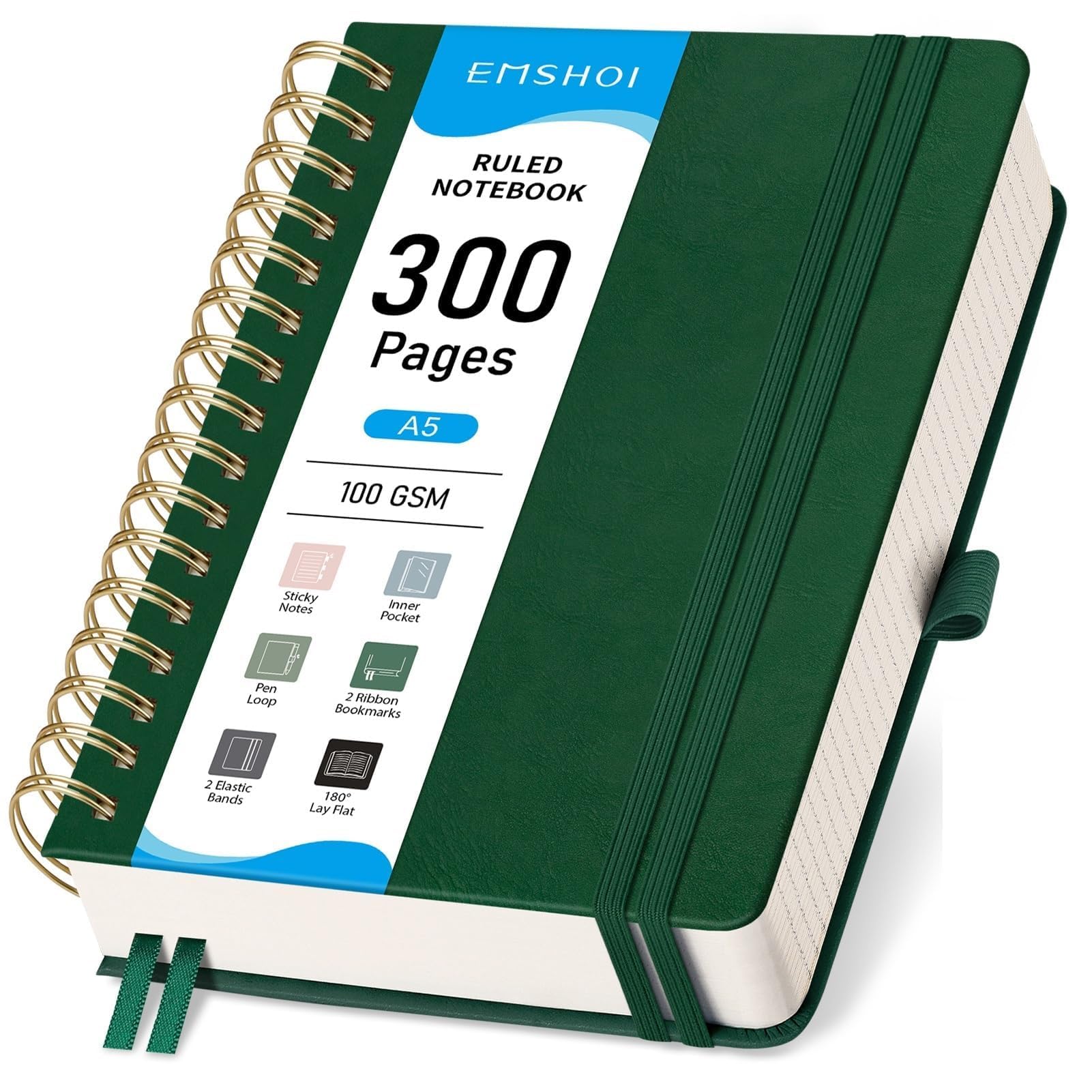 EMSHOIA5 Leather Hardcover Spiral Notebook College Ruled, 300 Numbered Pages, 100GSM, Lined Journal for Women Men, Work, Writing, Note-Taking, Journaling – Dark Green, 5.7”x8.22”
