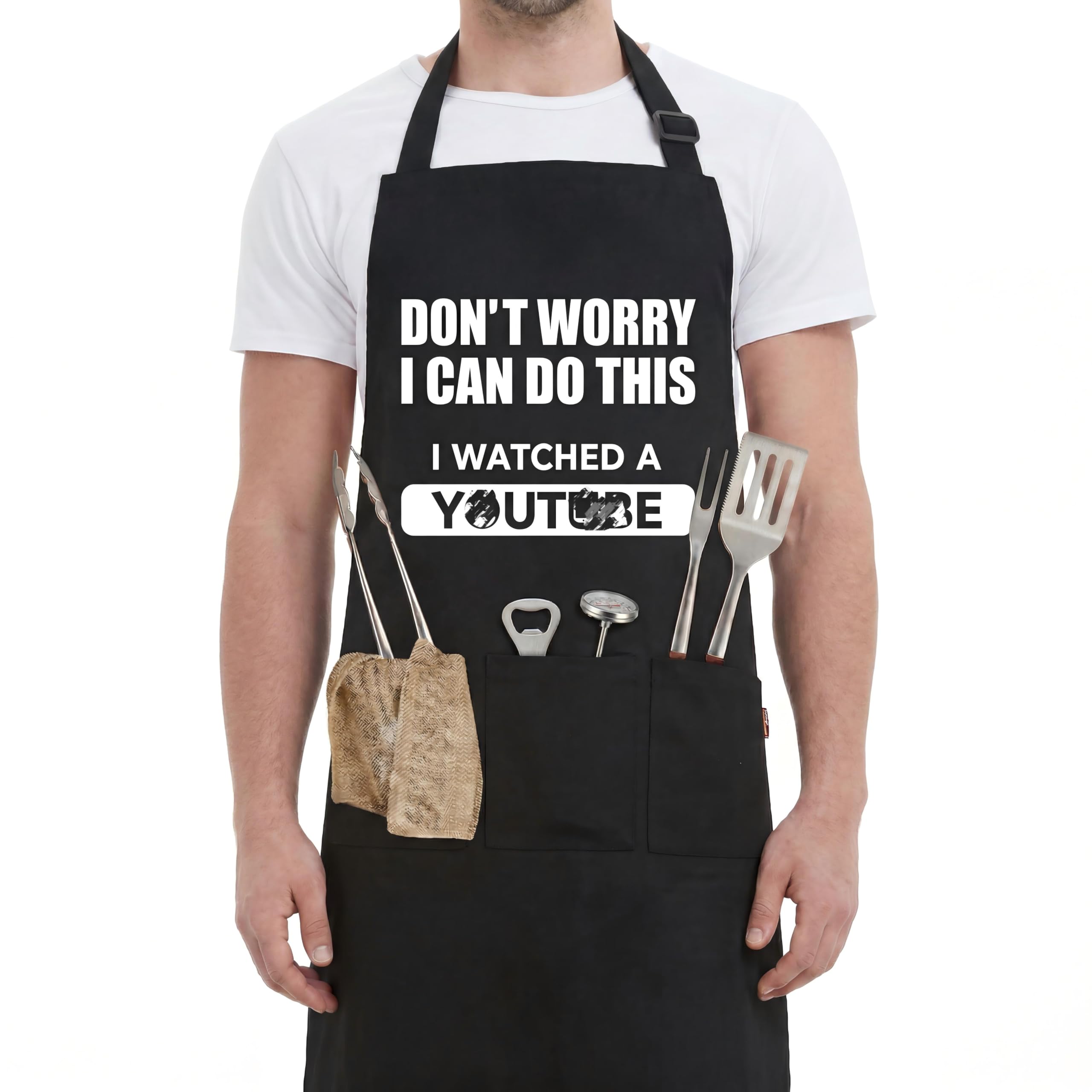 YANFALE Funny BBQ Aprons for Men, Fathers Day Gift, Christmas Gift for Men Grandad Dad, Mens Birthday Presents, Men BBQ Aprons for Cooking Personalised and Unusual, Mens Cooking Present (WATCHED)