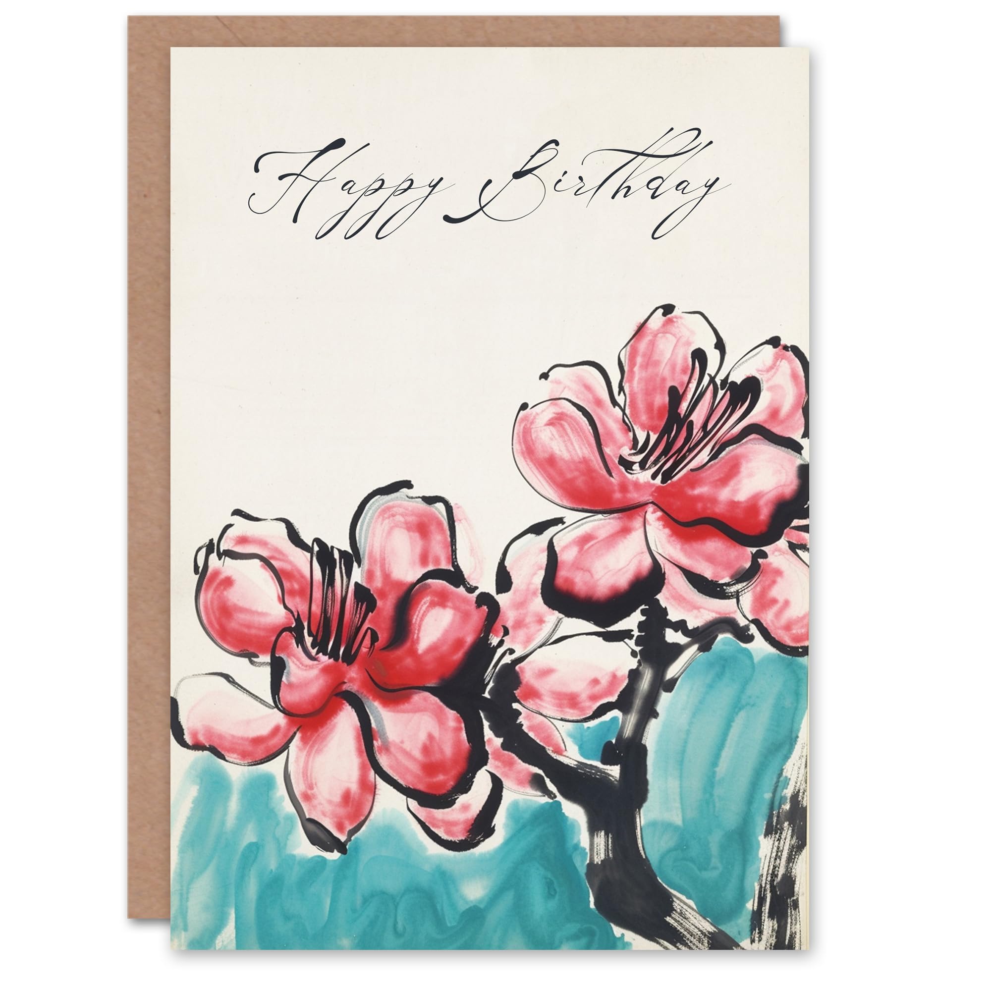 Artery8 Birthday Card Red Cherry Blossom Flowers Watercolour For Her Gran Sister Niece Daughter Wife Woman Greeting Card