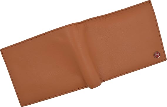 Mens Leather RFID Bifold Wallet 2 ID Windows Divided Bill Section (Tan)