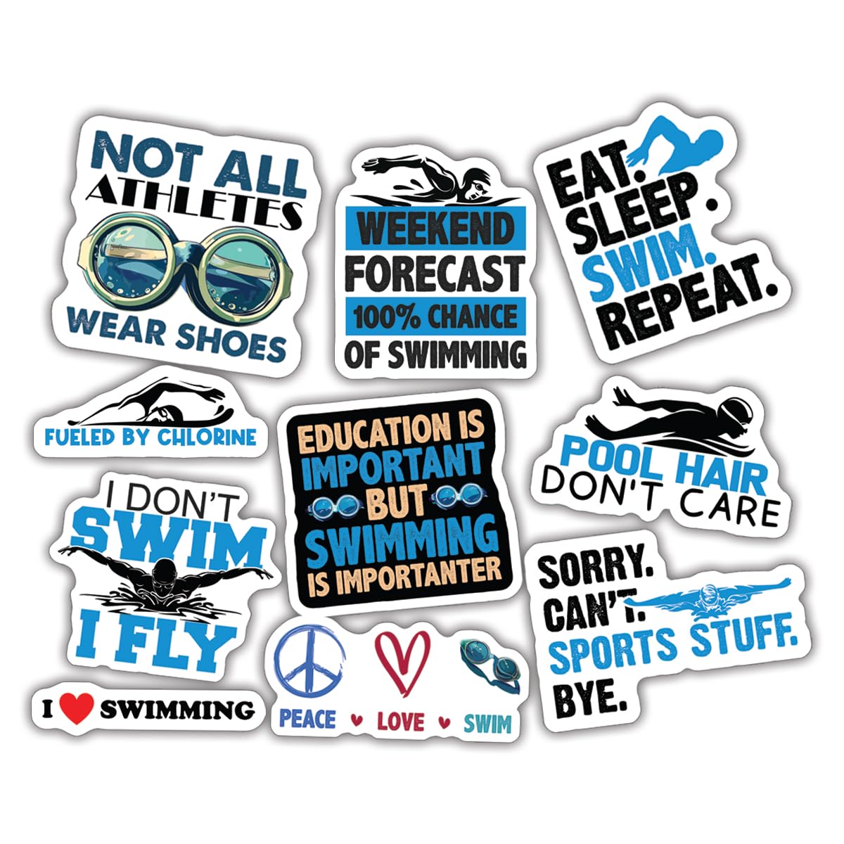 10pcs Swimming Sticker Sheet, Cute Sporty Vinyl Decals for Swimmers, Coaches, and Swim Teams, Waterproof, UV-Resistant, for Laptop, Water Bottle,