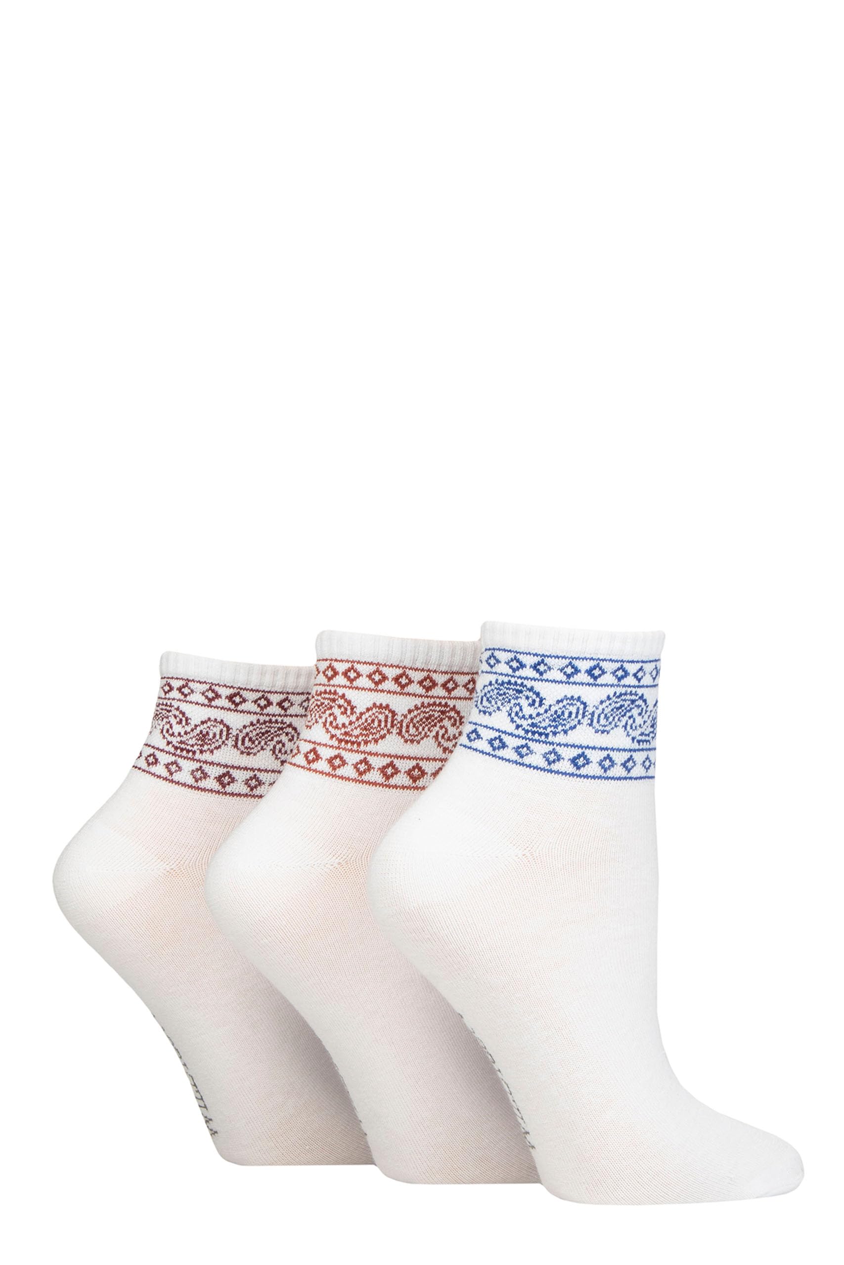 Sockshop Women's White Paisley Wildfeet Ankle Socks - Plain With Patterned Cuff Mid Cut Ribbed Soft Cotton Crew Socks Pack Of 3 Size 4-8 (4-8, )