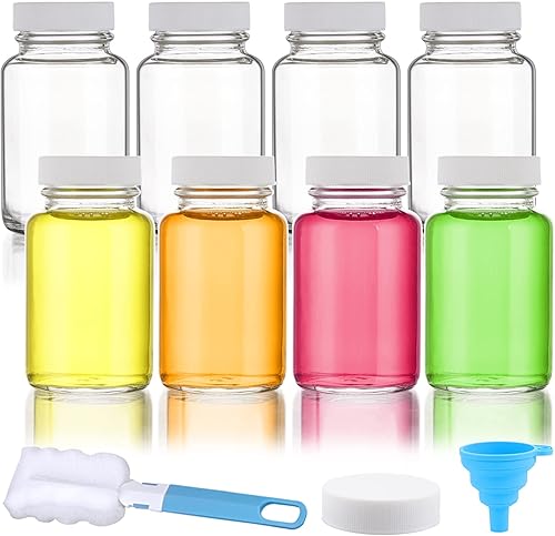 LOVLLE Botellas de vidrio para zumo con tapas, paquete de 8 frascos pequeños transparentes reutilizables de 2 onzas con tapas para exprimir líquidos