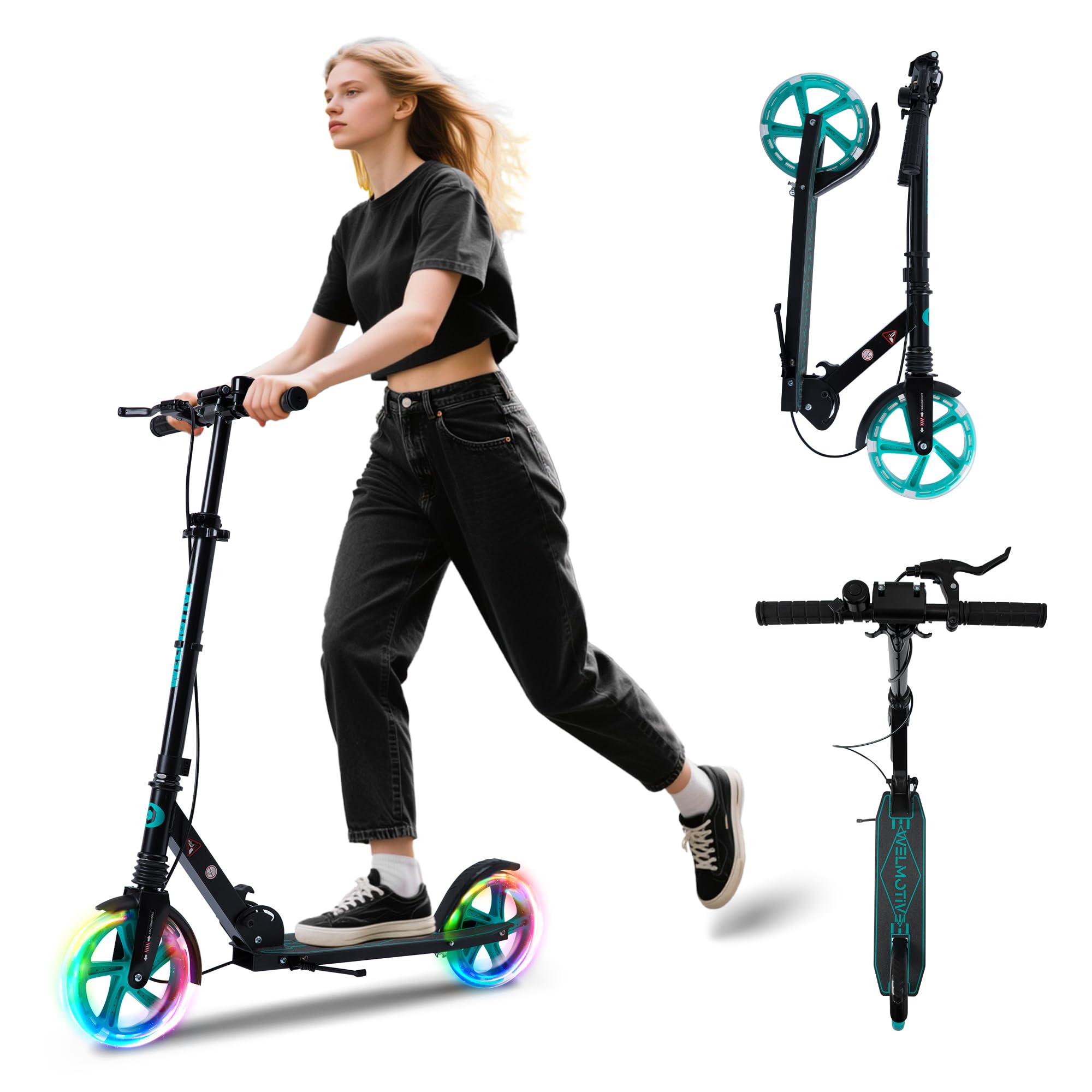 Kick Scooter for Kids Ages 8+ Teens & Adults, with Front handbrake and Rear Brake, and Adjustable Handlebars, Big Sturdy PU Flash Wheels Great Gift &