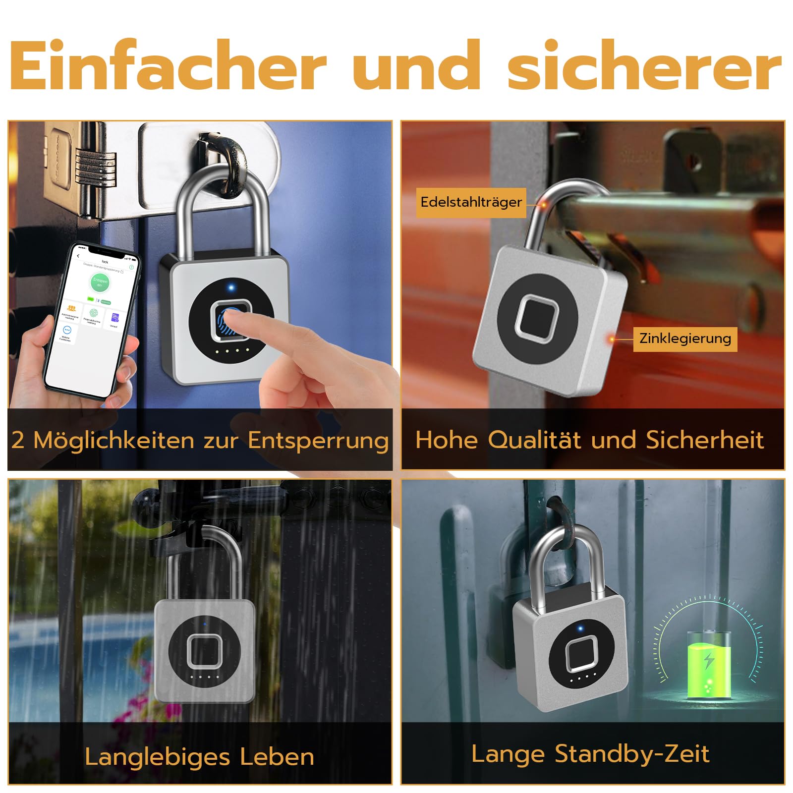 Anweller Candado de huellas dactilares, Cerradura Taquilla sin Llave, Cerradura con Huella Digital y Aplicación, Candado Resistente a la Intemperie para Taquillas, Sótano, Puerta