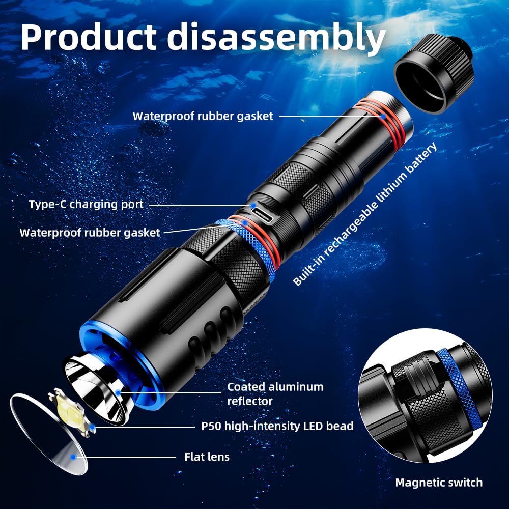 Torcia subacquea, 2000 lumen, torcia subacquea a LED, ricaricabile, impermeabile, luce sottomarina per immersioni notturne in grotte profonde