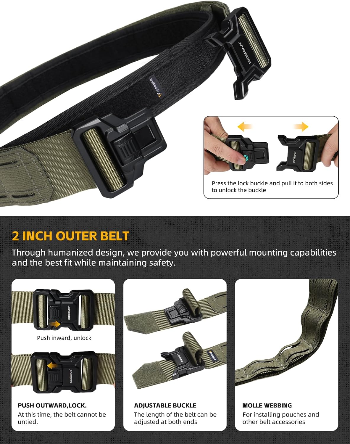 IDOGEAR 2 Inch Belt MOLLE for Men with 1.75" Inner Belt Nylon Duty Quick Release Metal Buckle Belts Hook-and-Loop Laser-cut