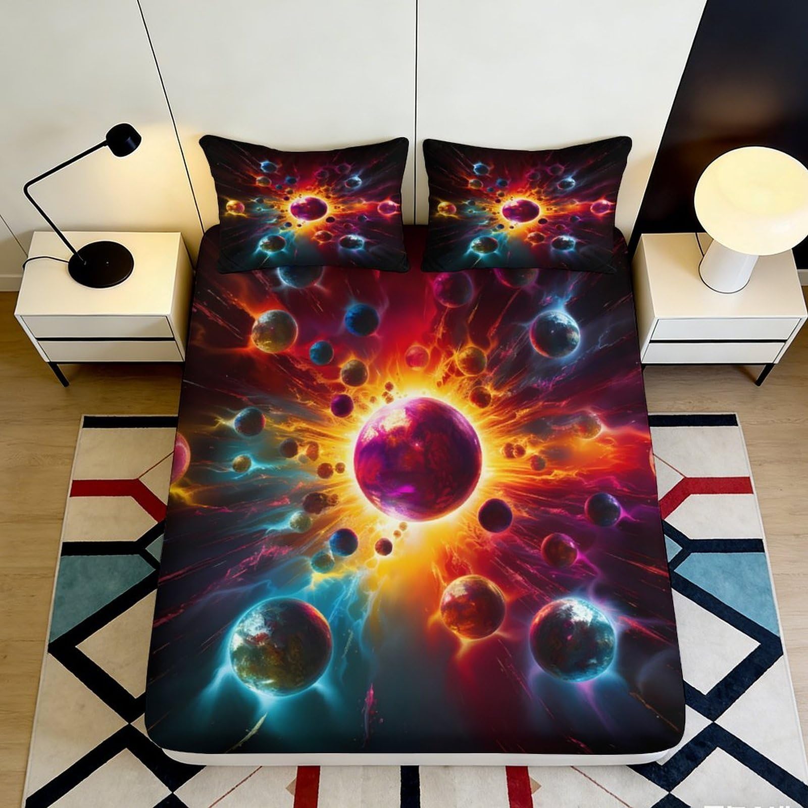 3D Printed Cosmic Explosion Fitted Sheet Microfiber Soft Bedroom Decor Galaxy Planet Mattress Cover for Home Dorm 90x200x25cm