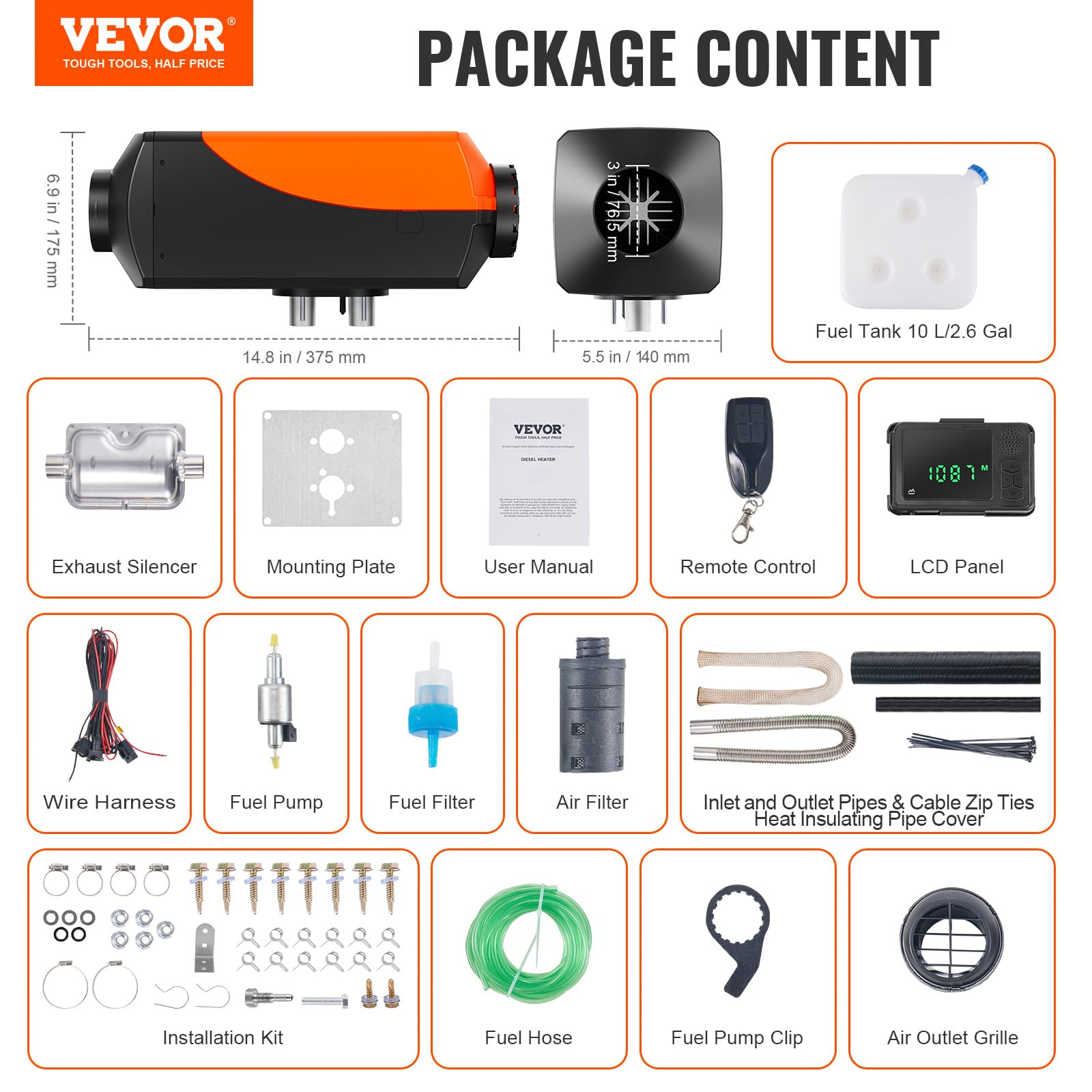 VEVOR Calentador de Aire Diesel 12V 5-8KW Consumo 0,16-0,62 L/h Calefacción Estacionaria 8~36°C Ajustable 20-25m² Control Inteligente con LCD Bluetooth Mando 10L Distancia Tanque para Camión Barco