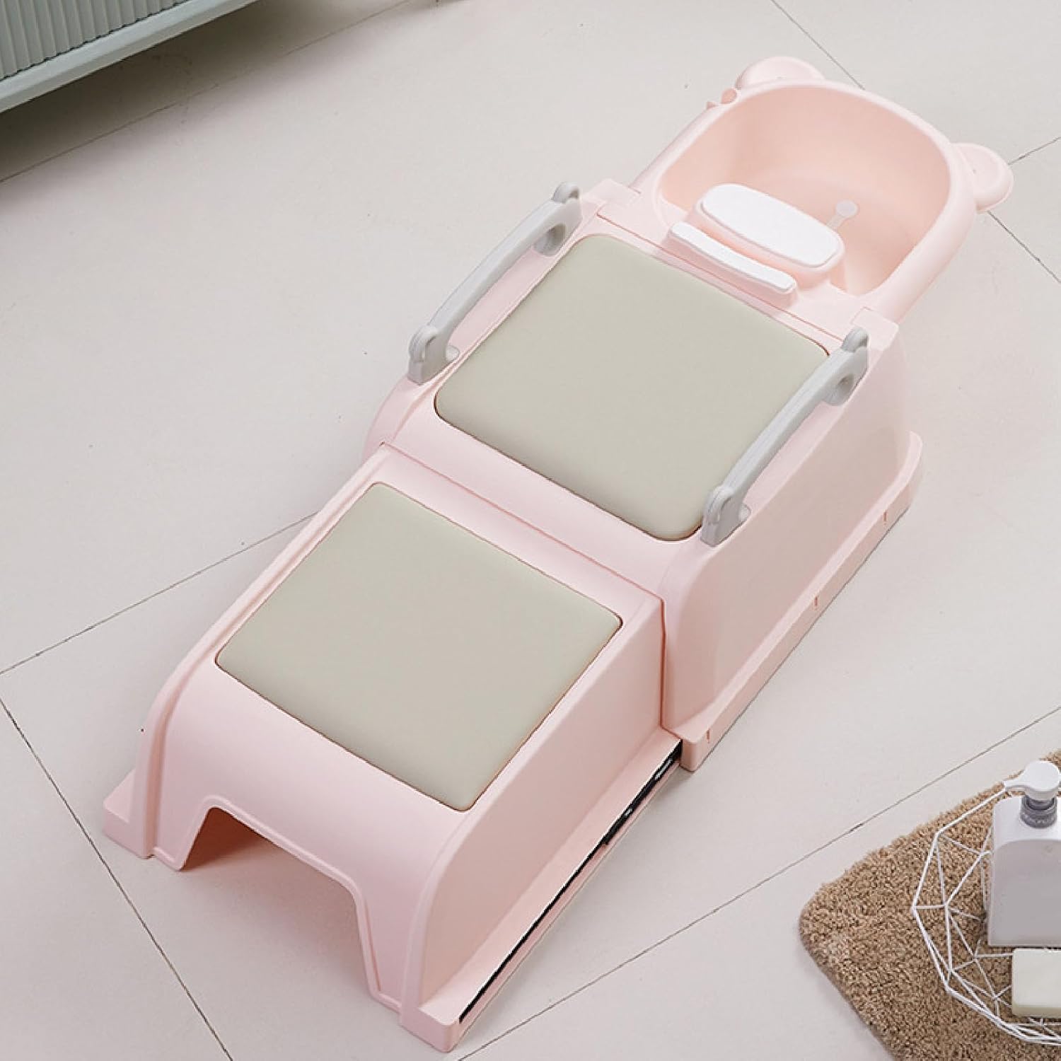 Retractable Shampoo Chair for Kids with Soft Padded Cushion, Non Slip Toddler Hair Washing Station with Removable Basin and Head Pillow for Home Bath Use (Pink)
