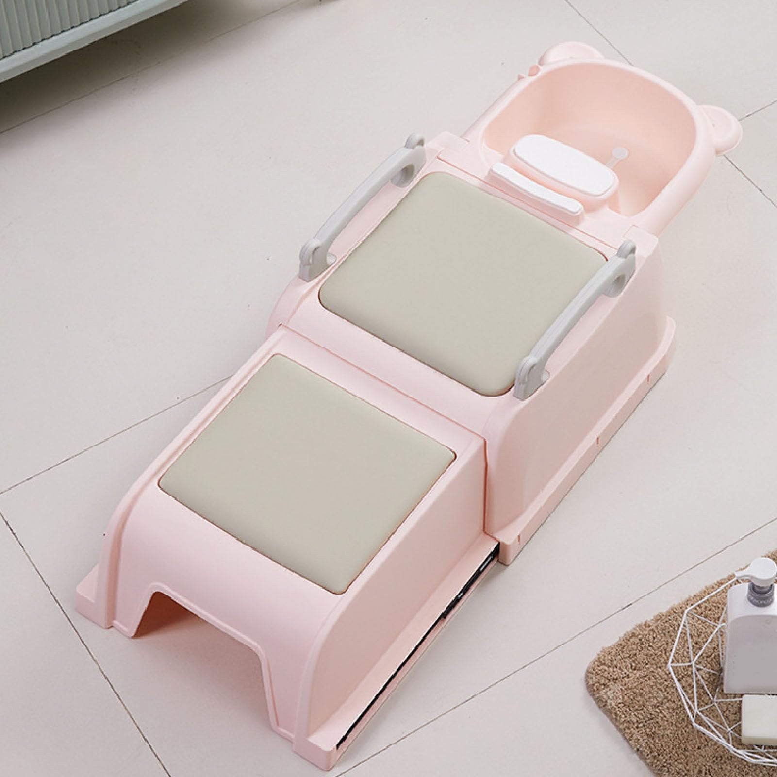 Einziehbarer Shampoo-Stuhl für Kinder, Haarwaschstation für Kleinkinder mit weichen, gepolsterten Armlehnen und Kopfkissen, rutschfeste Baby-Shampoowanne mit Abflussrohr für (Rosa)