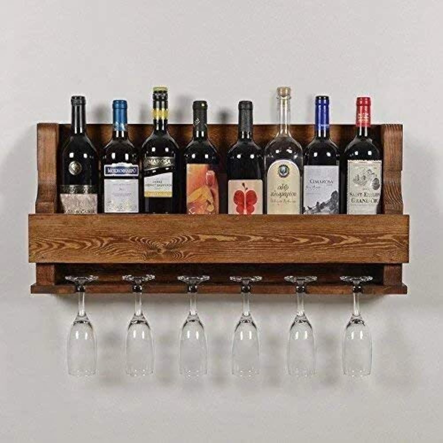 Alvarado Wine Rack Gloss Holder, Wall Mounted Wine Racks, 8 Bottles, Hangers for 6 Wine Glasses (Teak)