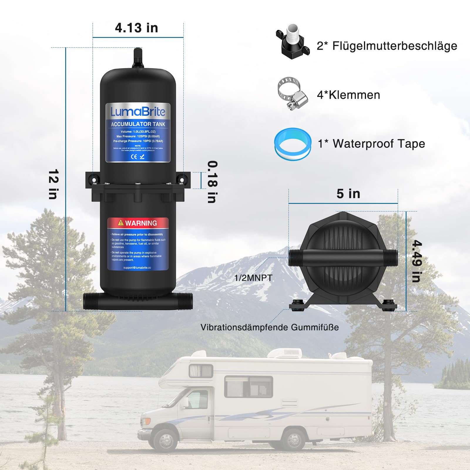 Druckspeichertank 1L 125 PSI Ausdehnungsgefäß Trinkwasser Drucklufttank Akkumulator Drucktank Druckspeichertank für Boots Reiseanhänger Wohnwagen Water System Zubehör